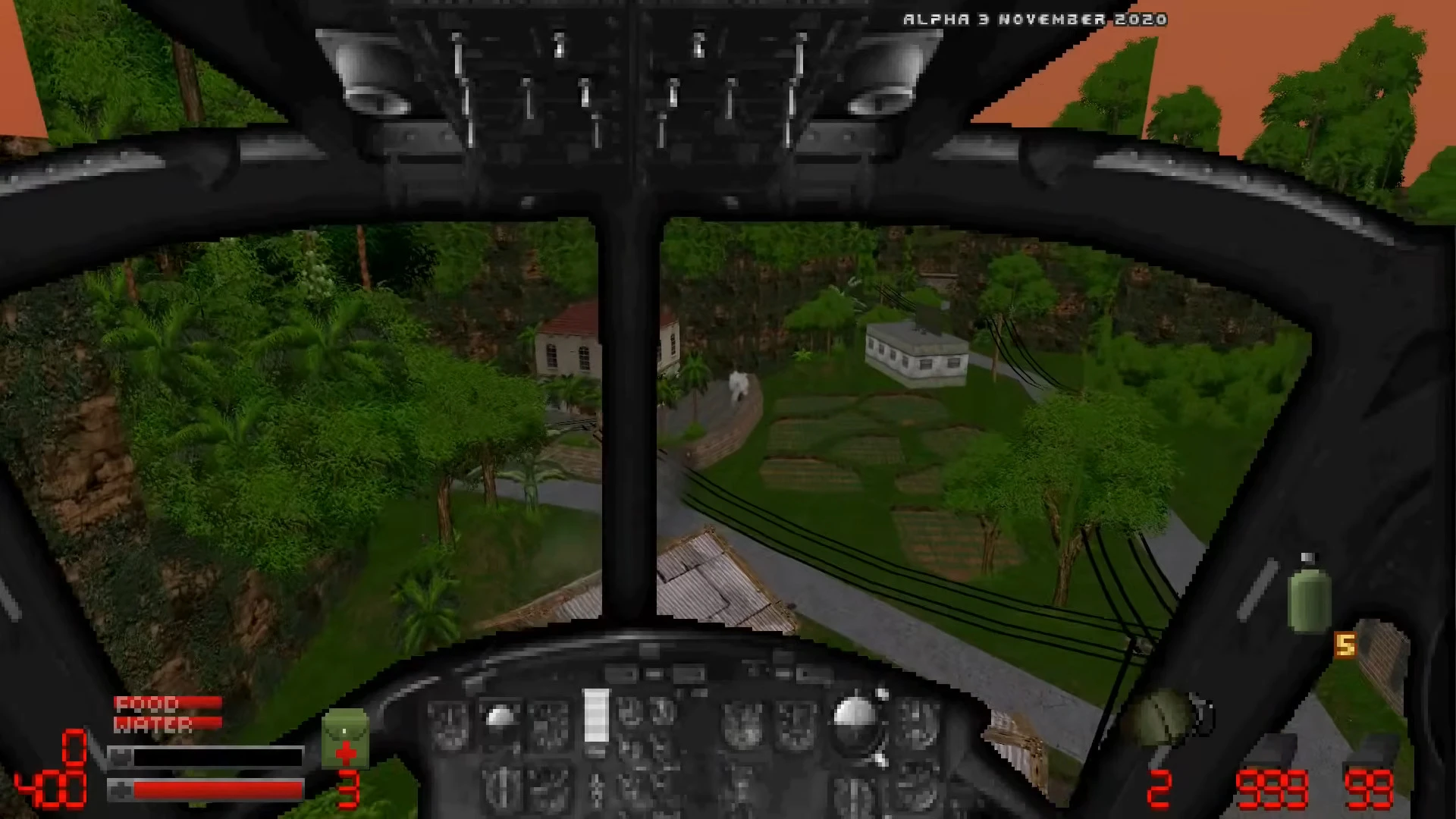In-game view from a helicopter cockpit flying over a jungle area with houses and roads in Doom II VietDOOM