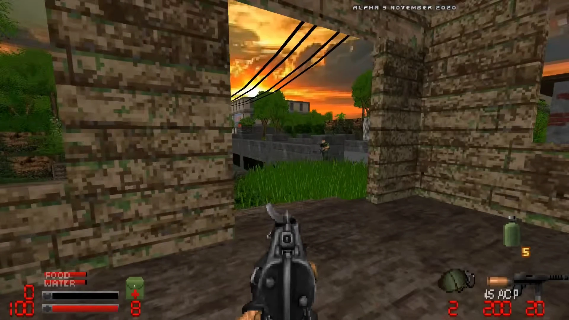 First-person shooter view aiming vintage gun through ruined stone window at enemy soldier outdoors during sunset
