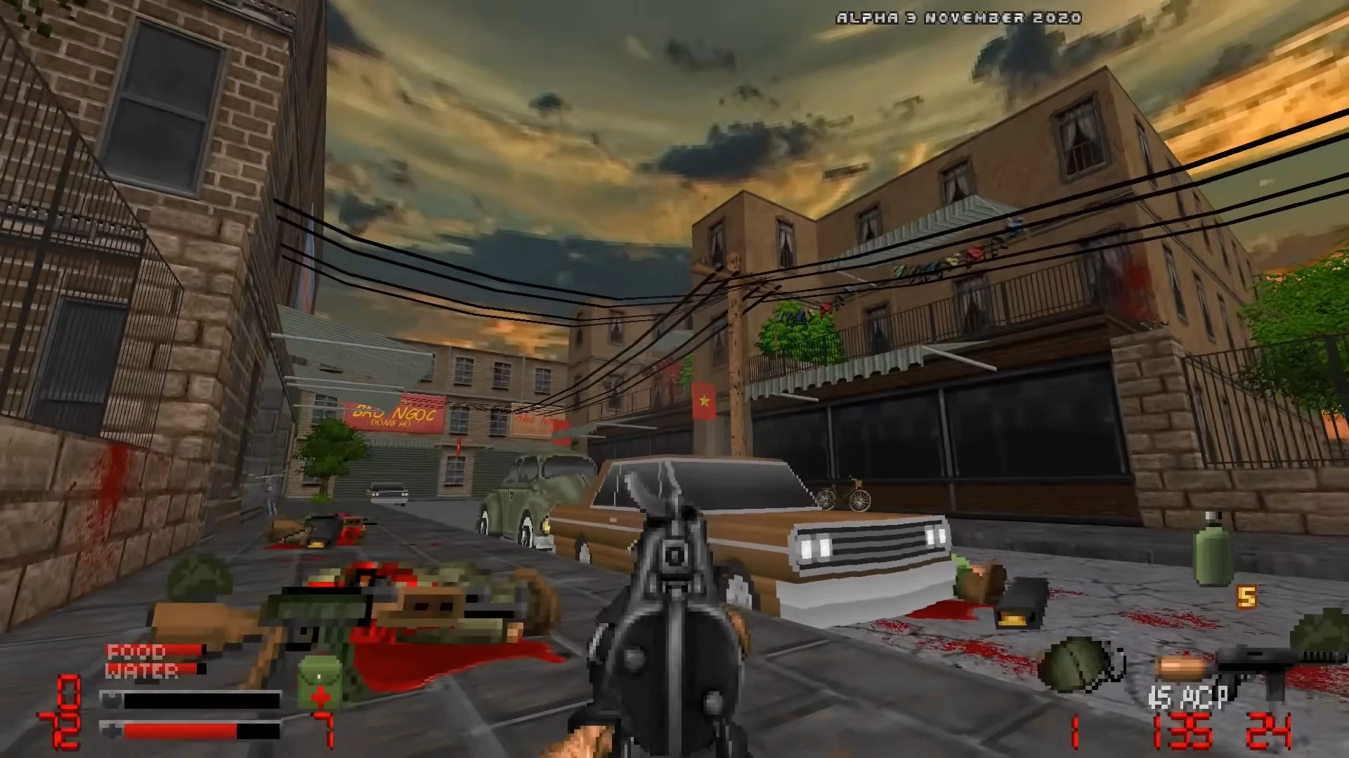 First-person shooter view on a street with vintage cars, buildings, and combat debris in VietDOOM
