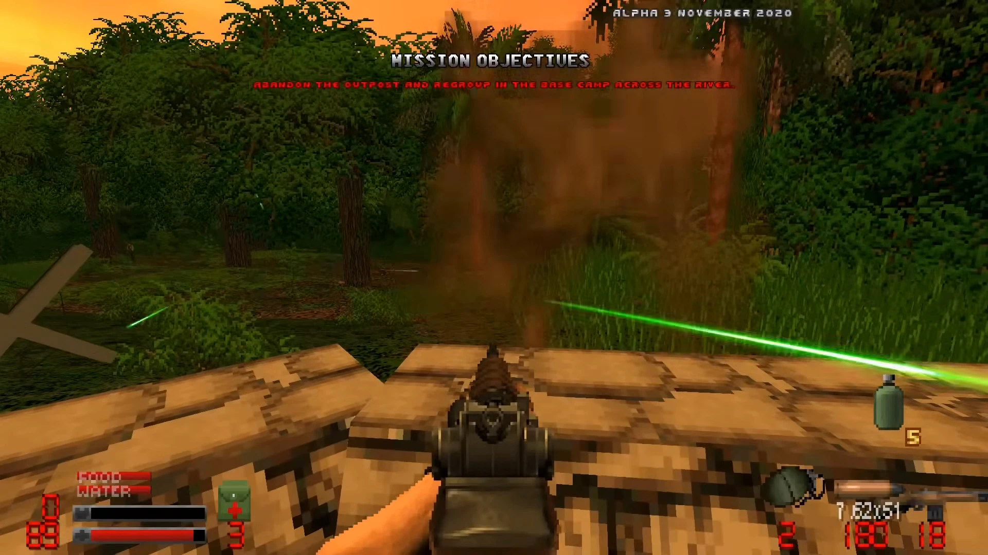 First-person view of player in jungle combat shooting at targets under orange sky with mission objectives