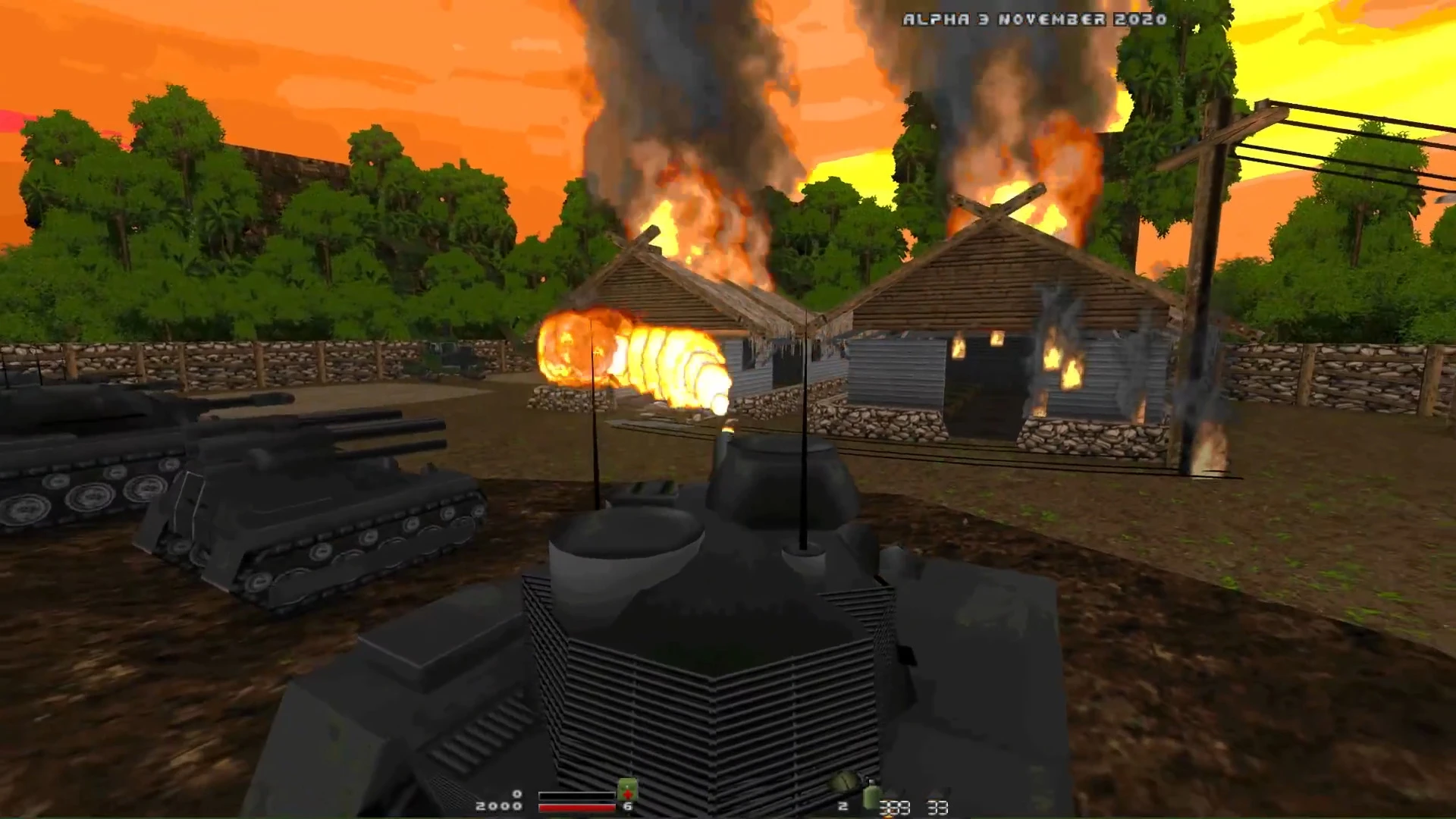 Screenshot from VietDOOM mod showing tanks firing at burning wooden houses with smoke and fire in a forested village