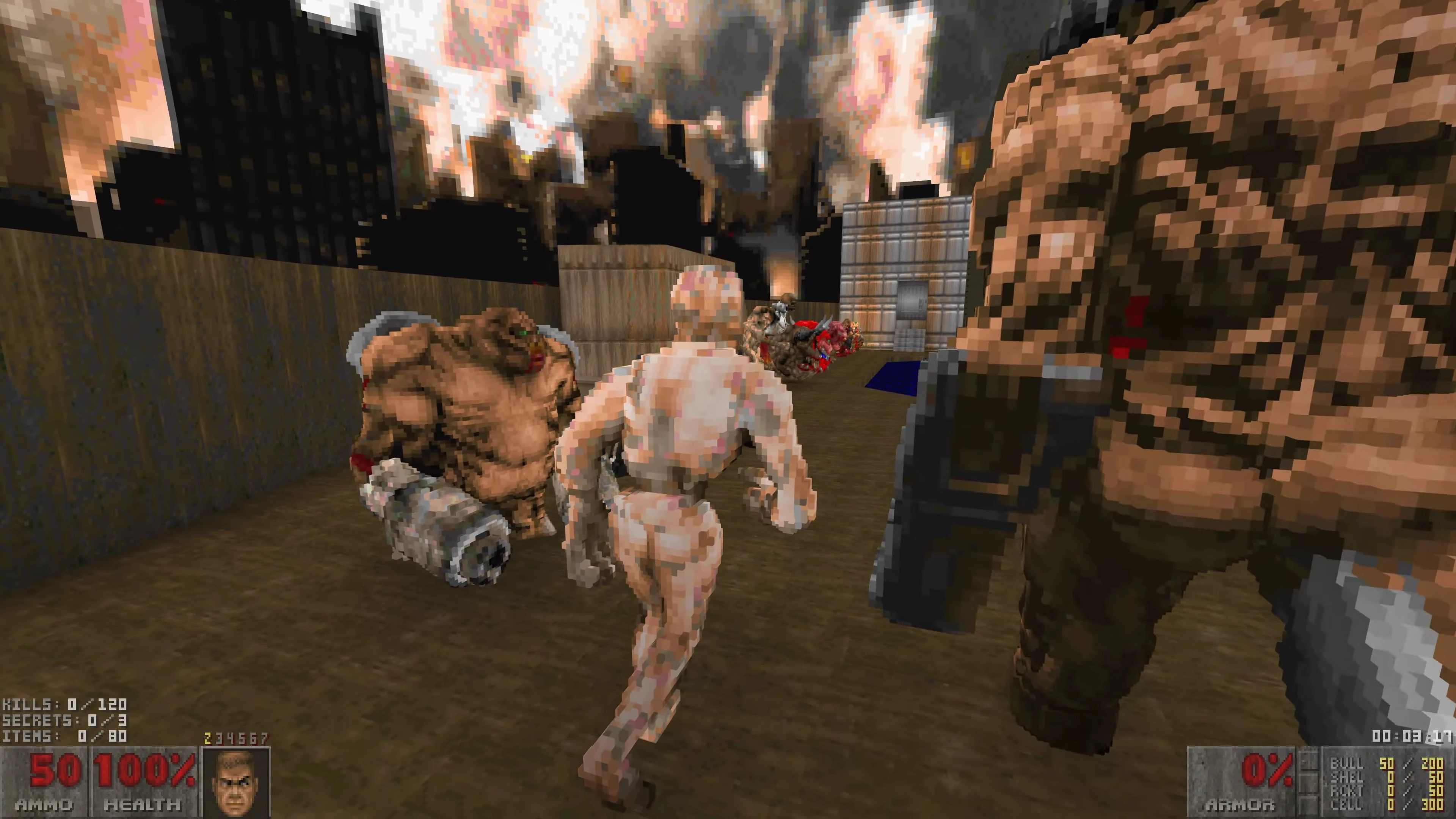 First-person view of player character surrounded by voxel demons in burning cityscape in Doom II mod