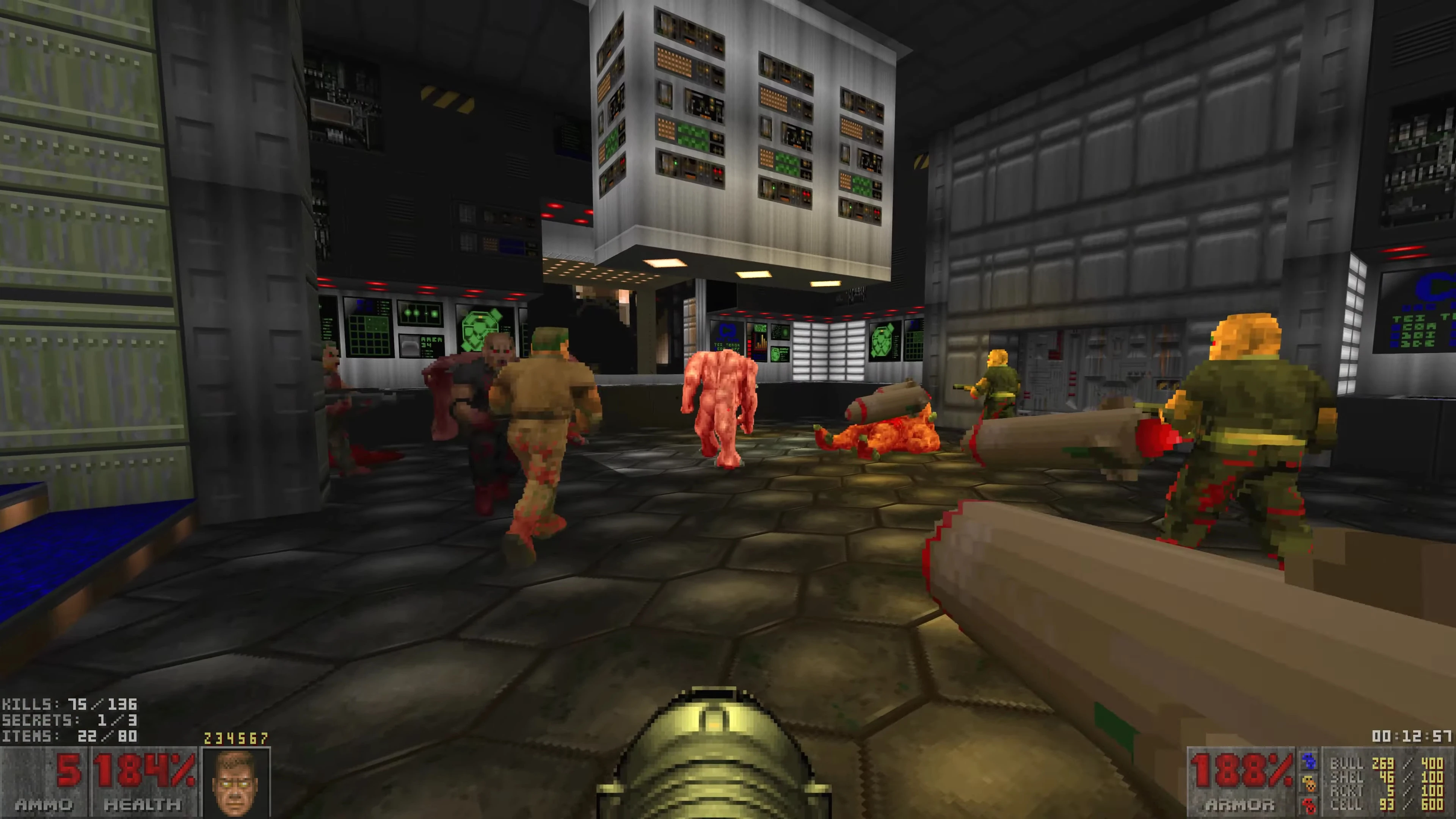 First-person view in a Doom II voxel graphics mod showing characters and HUD with ammo health stats