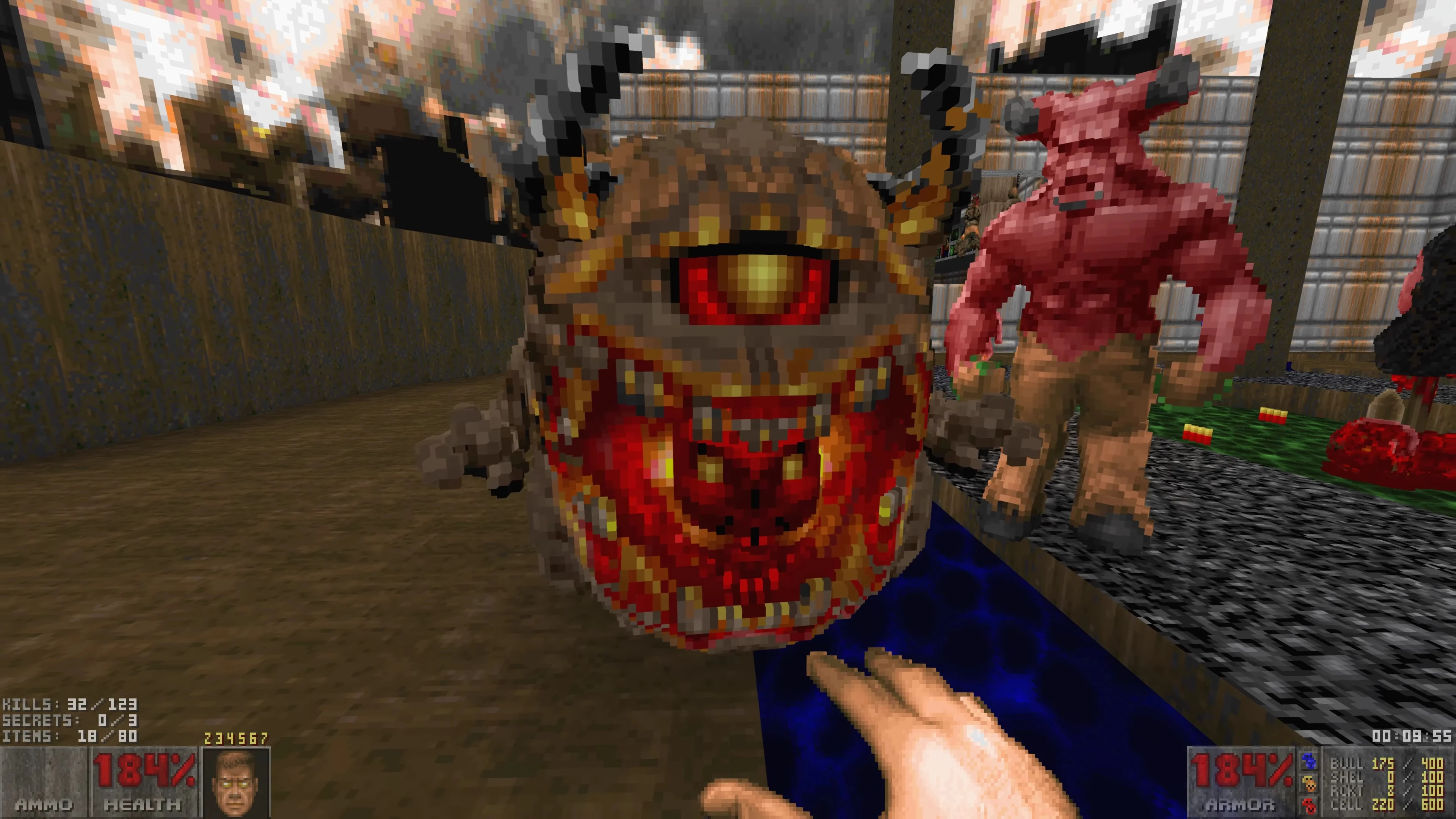 Screenshot of Doom II gameplay showing voxel-style enemies with detailed 3D appearance