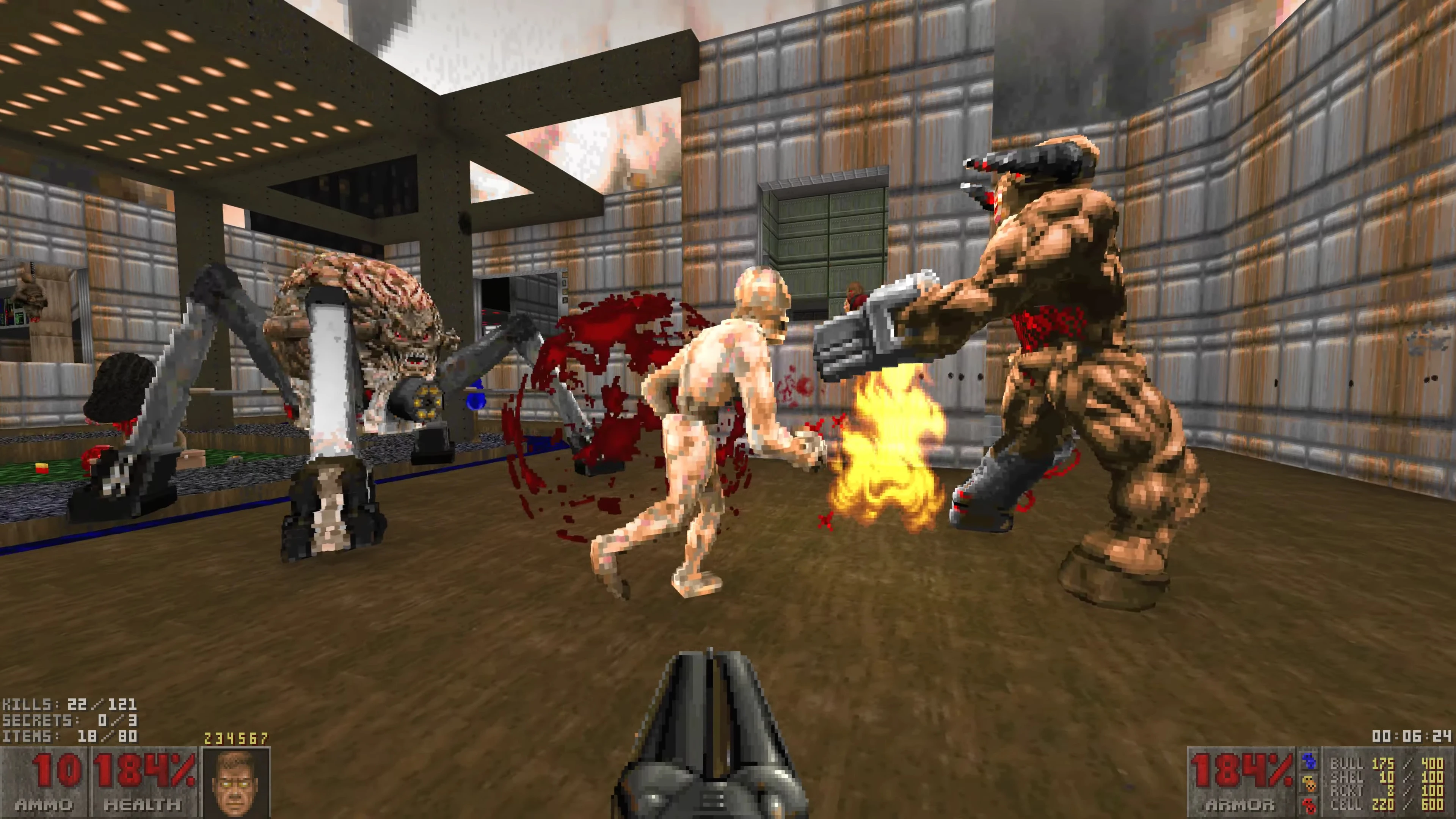 Gameplay screenshot showing player fighting three demonic creatures in a pixelated industrial setting in Voxel Doom II mod