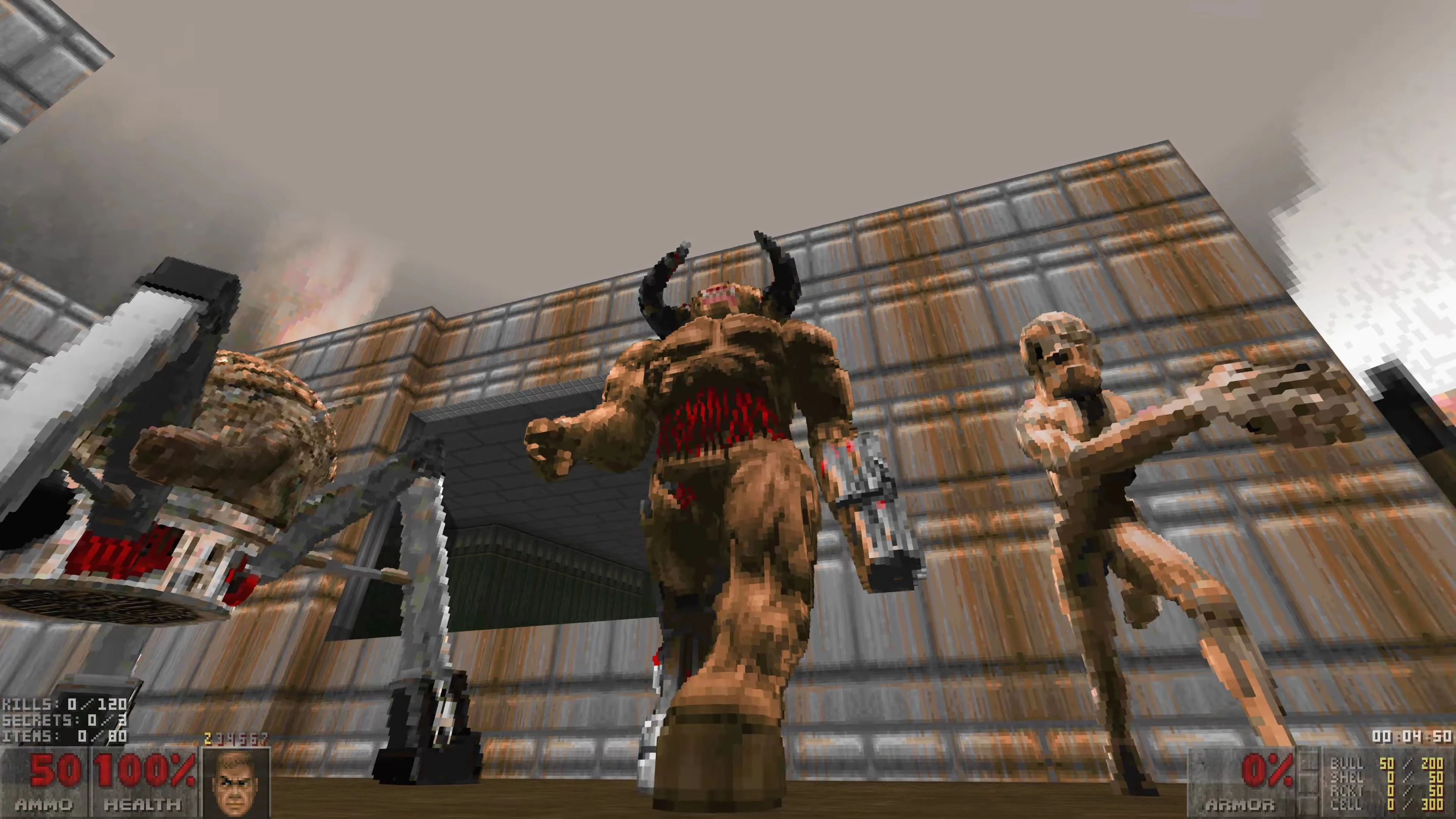 Voxel Doom II gameplay screenshot showing three demonic enemies in pixelated 3D graphics