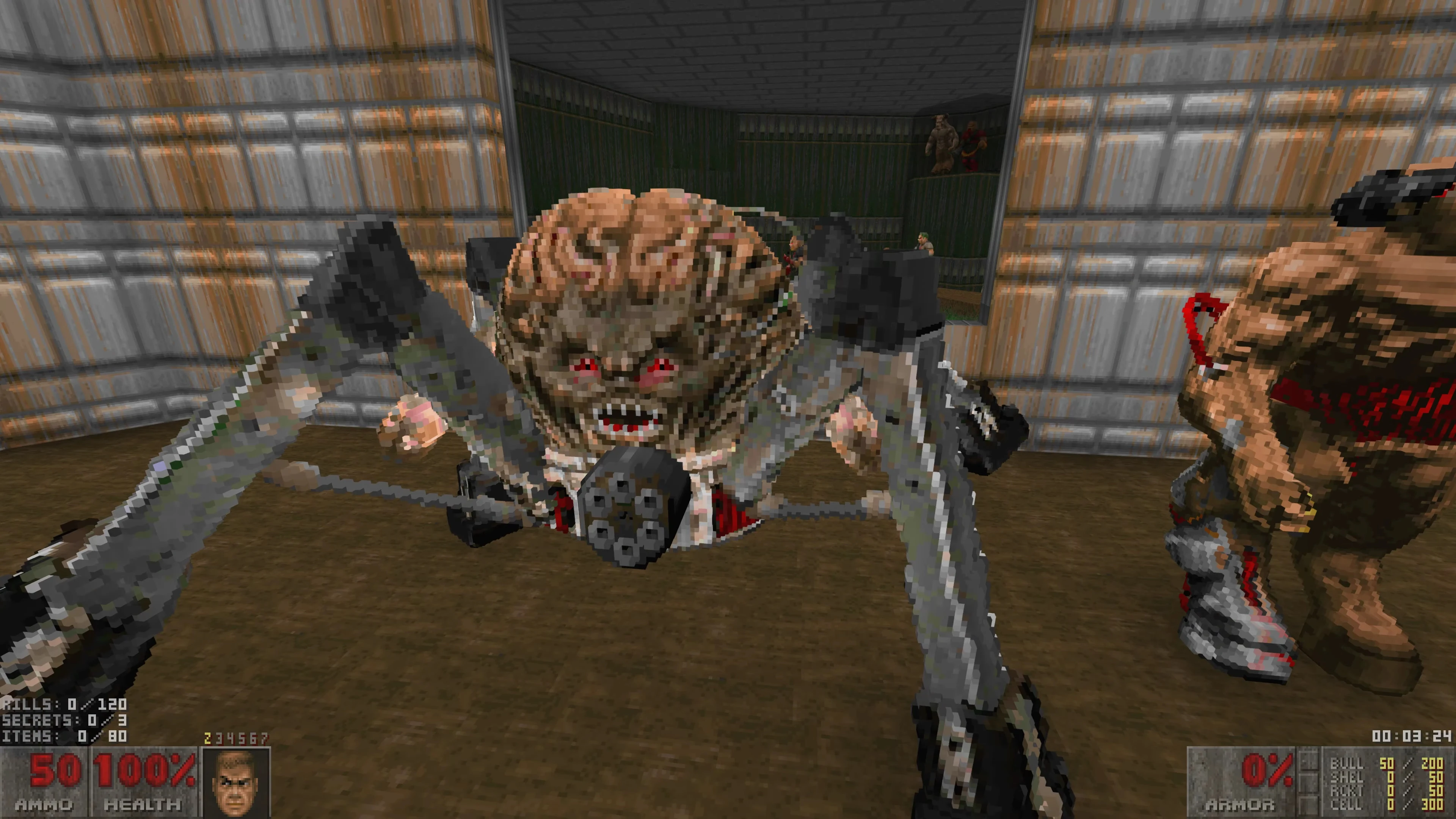 First-person view of pixelated Spider Mastermind with mechanical legs and other enemies in a Doom II mod