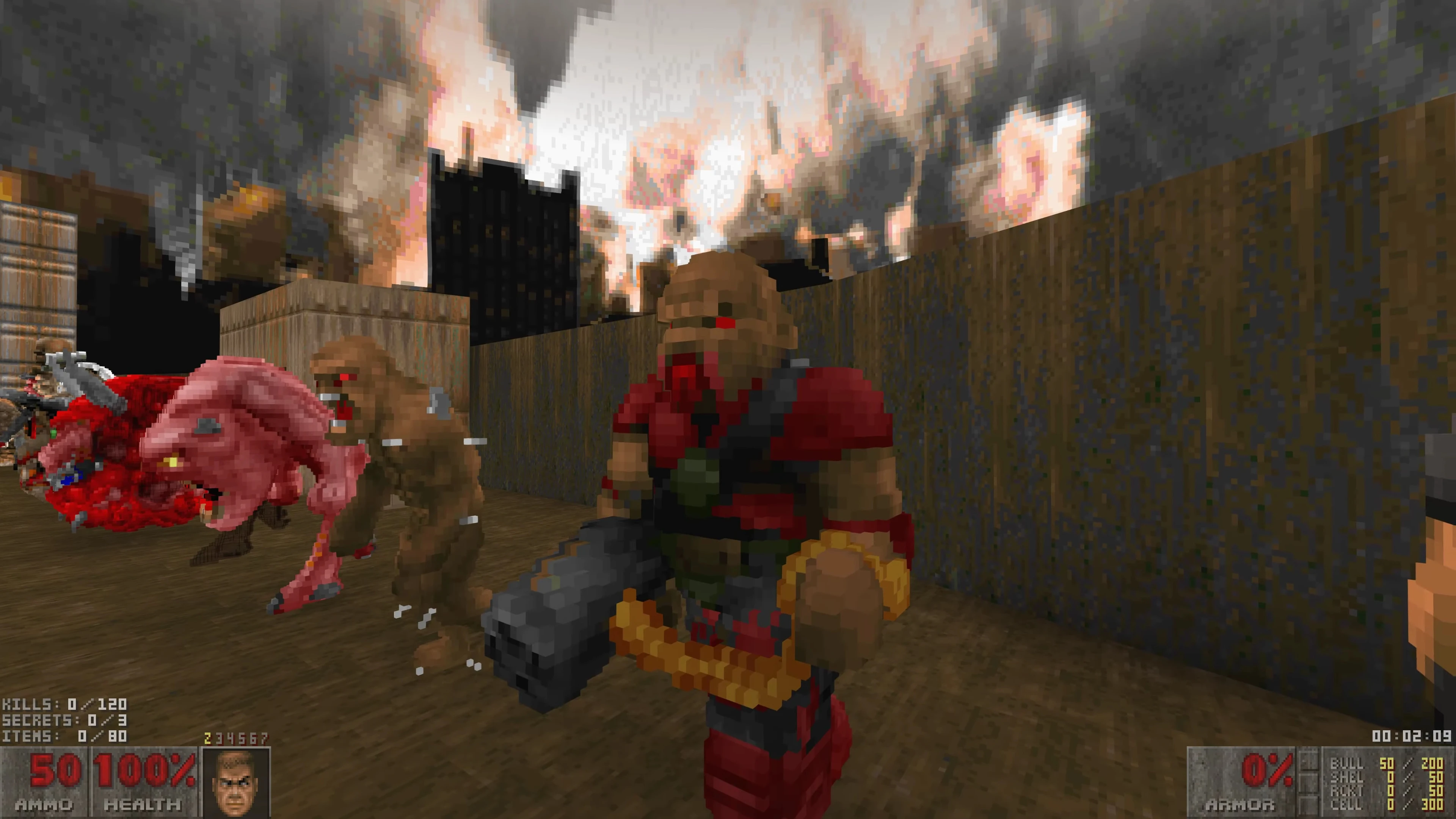 Voxel-style Doom II screenshot featuring a group of demon enemies with a burning city in background
