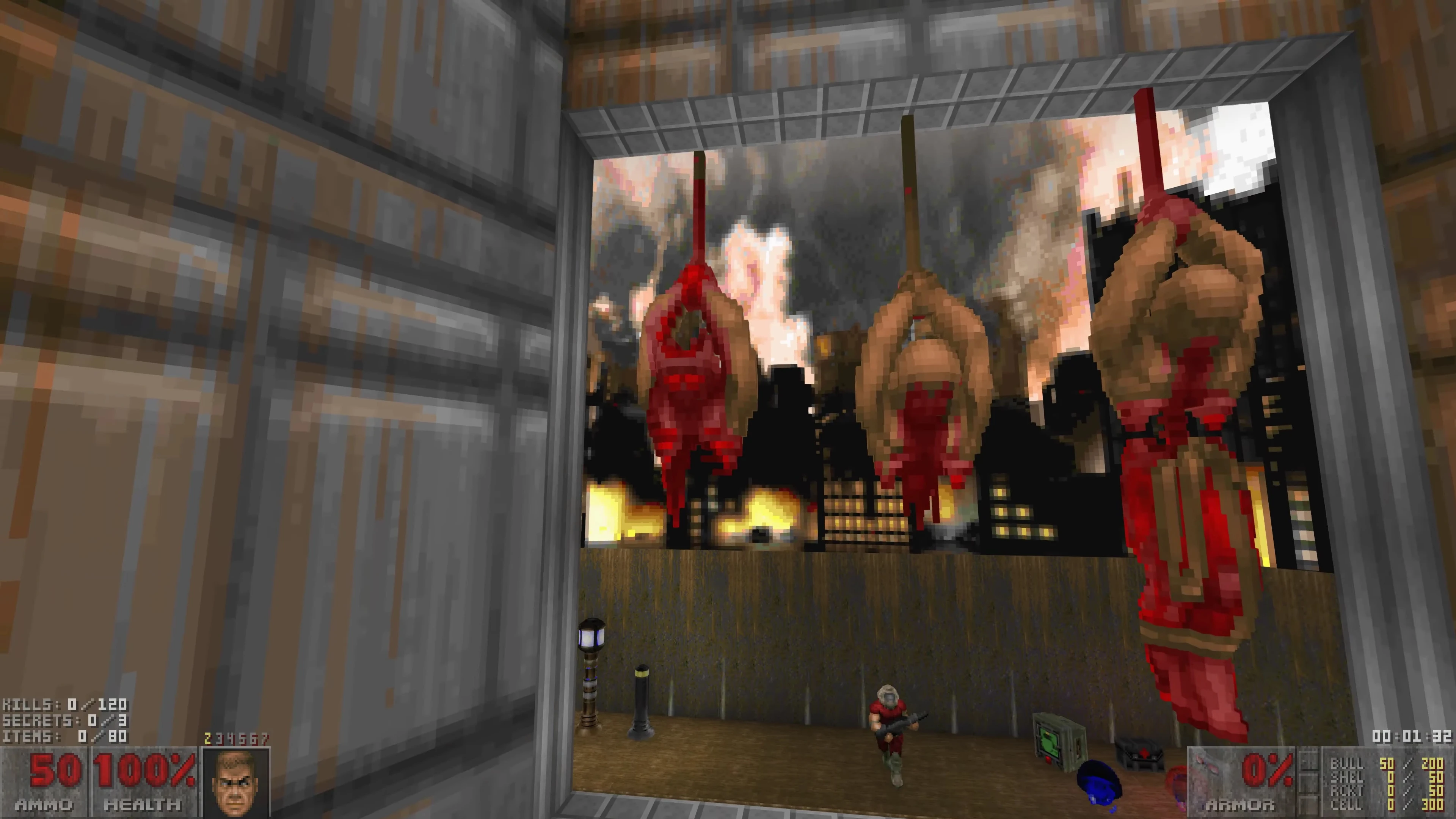 Screenshot of Voxel Doom II mod showing pixelated hanging bodies with blood against burning city backdrop