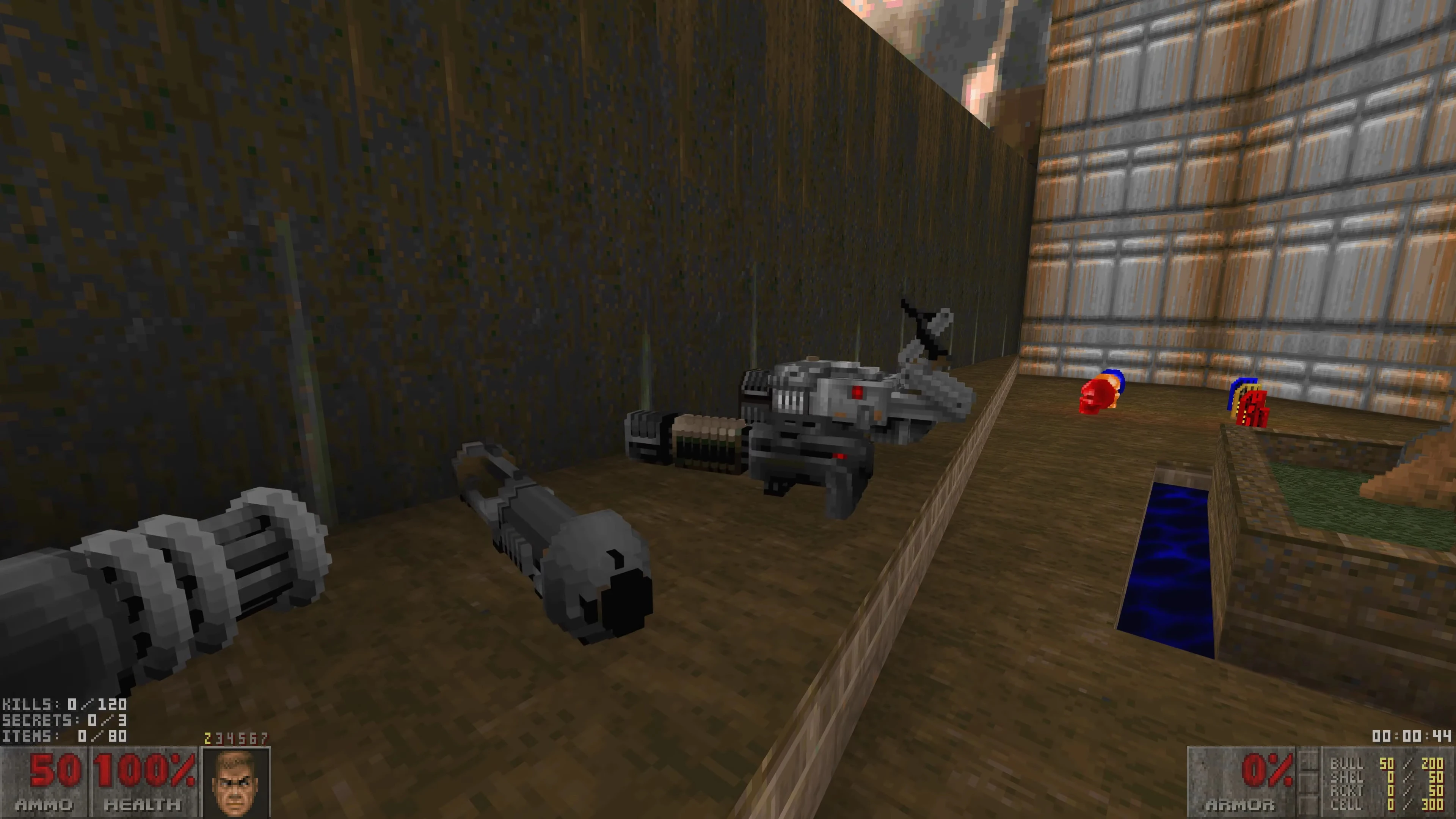 In-game screenshot of classic Doom II weapons with voxel-style textures on a game map