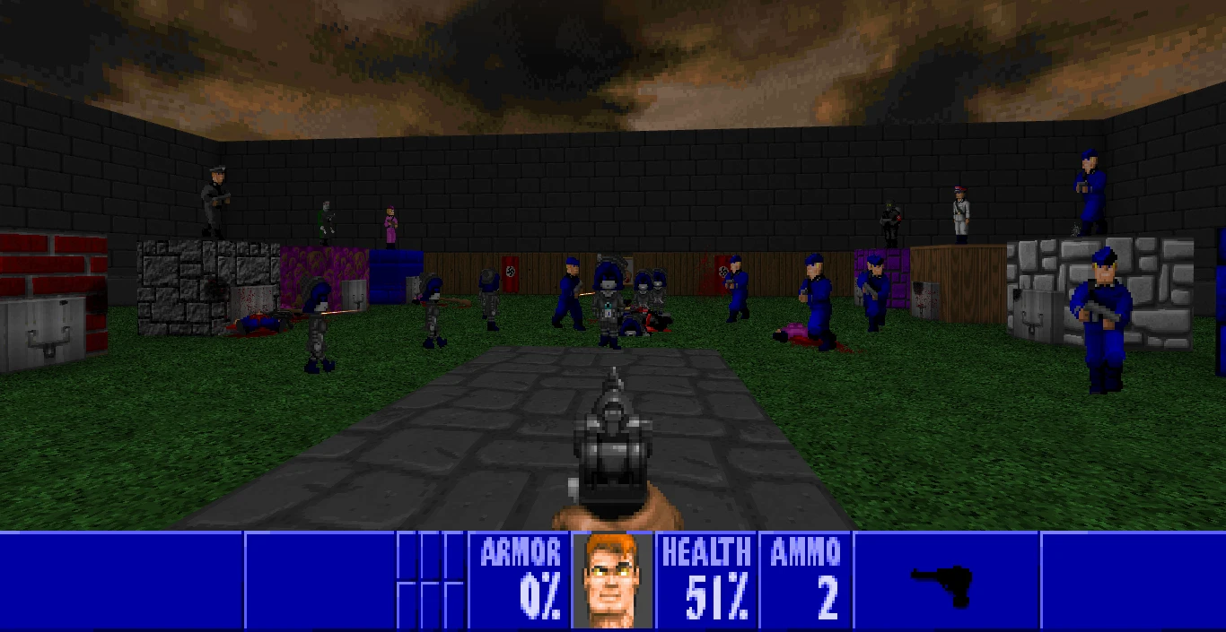 Spieleransicht mit Pistole auf mehrere Nazi-Soldaten im Hof des WolfEnDoom Project 9 Mods