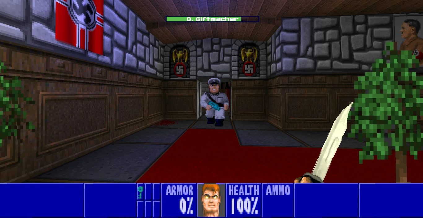 Screenshot vom WolfEnDoom Project 9 Mod mit Ego-Perspektive, Messer in der Hand und Nazi-Gegner im steinernen Flur