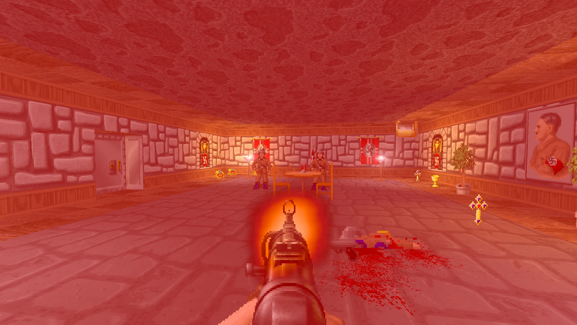 Ego-Perspektive, die in einem steinernen Raum mit Hakenkreuz-Bannern Nazis im Doom II Mod erschießt