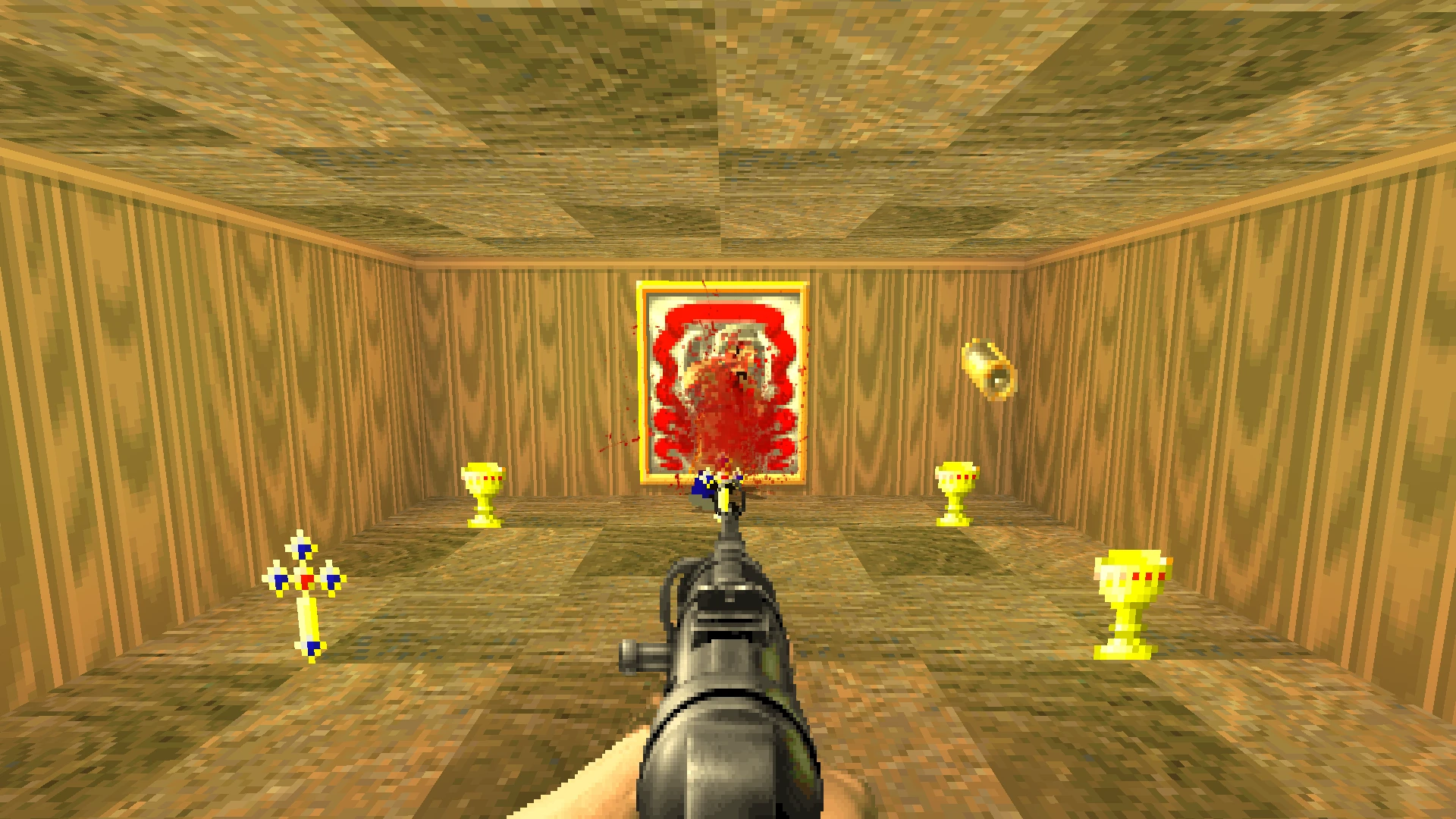 Spielbildschirm mit Ego-Perspektive, die eine Waffe auf ein blutbeflecktes, pixeliges Bild mit goldenen Kelchen und Kreuz an einer Holzwand zielt