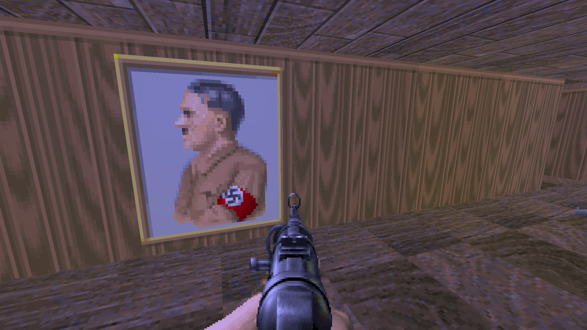 In-Game-Ansicht eines Spielers mit Waffe, die auf ein pixeliges gerahmtes Porträt an einer Holzwand zielt
