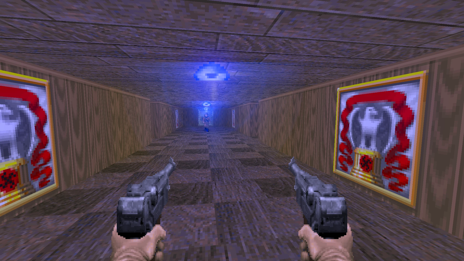 Screenshot mit zwei Pistolen im Flur, der auf eine Figur mit blauen Lichtern zielt im WolfEnDoom Project 9 Mod