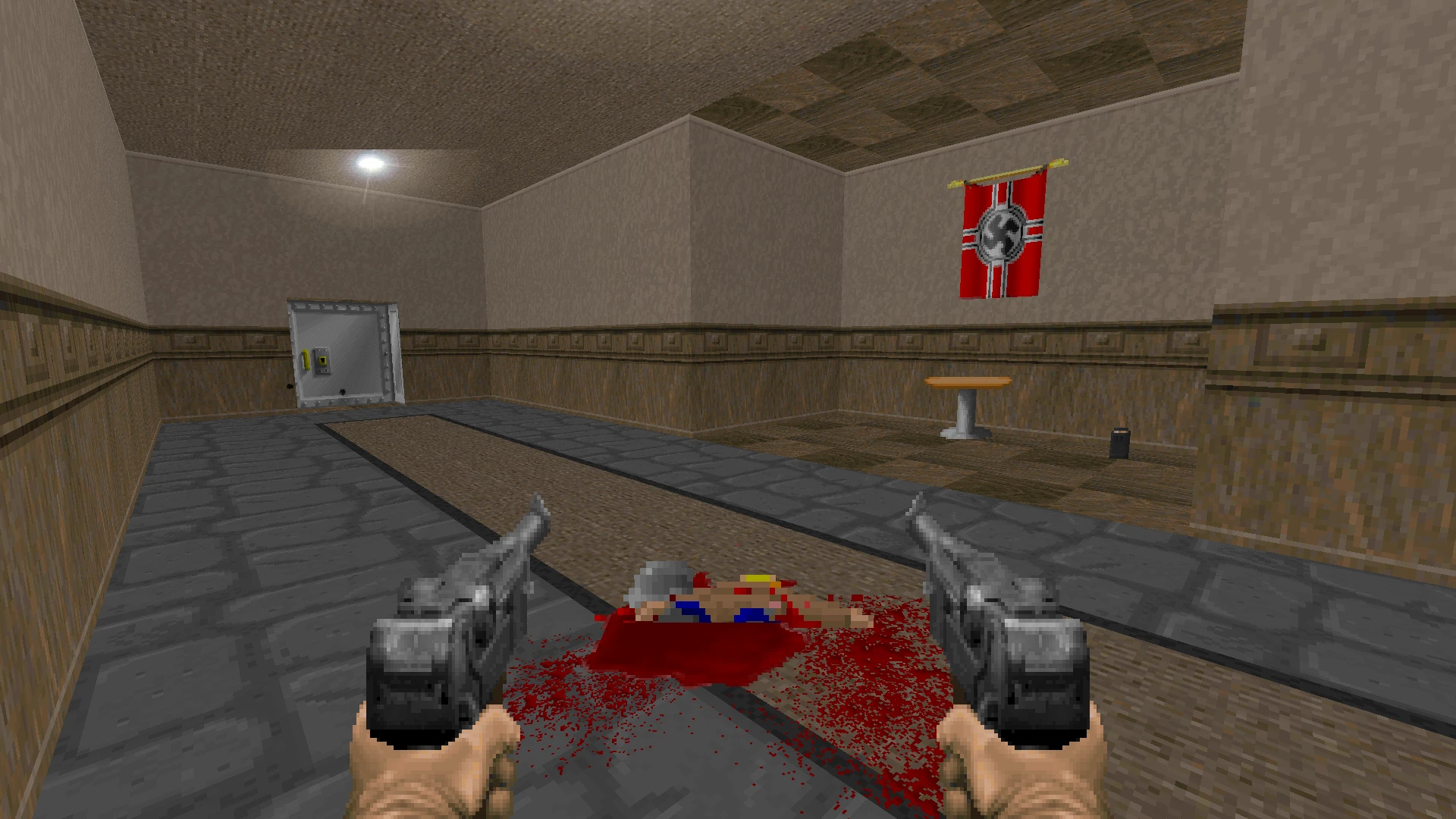 Ego-Perspektive im WolfEnDoom Project 9 Mod mit zwei Pistolen, die auf einen pixeligen toten Soldaten und eine Nazi-Flagge in einem Raum zielen