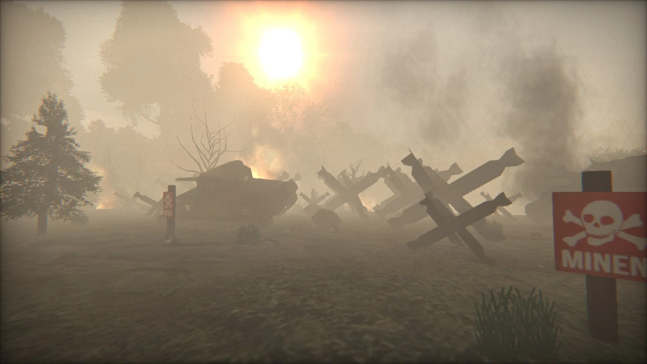Zona de guerra con niebla, tanque, obstáculos antitanque y señal de minas en mod de Wolfenstein