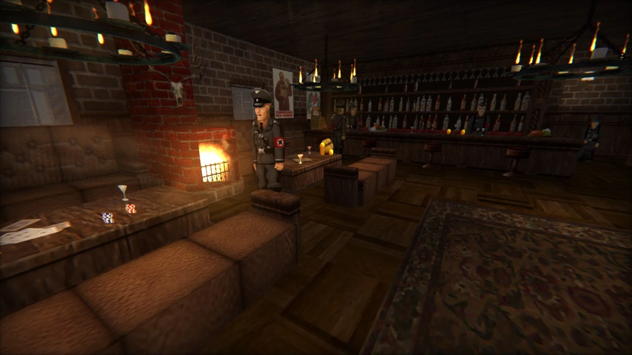 Interior de una taberna con chimenea encendida, NPCs sentados con uniforme militar y muebles de madera en el mod Wolfenstein Blade of Agony
