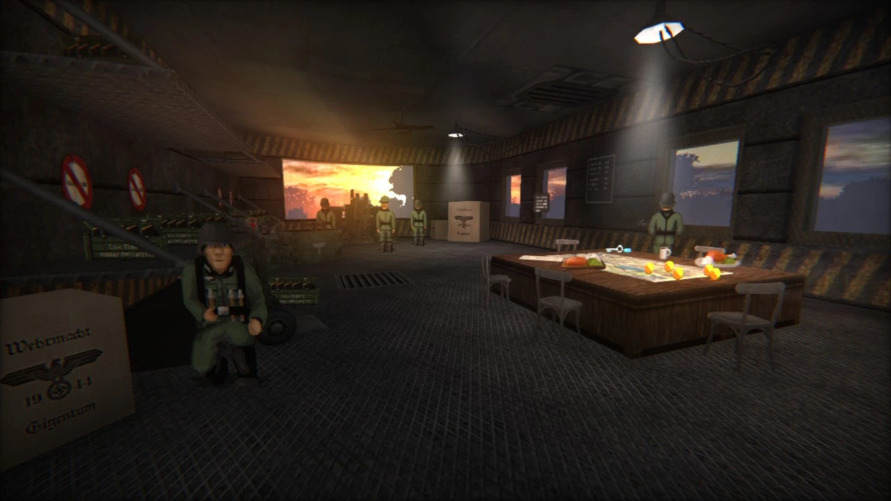 Habitación con poca luz dentro de base militar con soldados junto a cajas y mesa con mapas