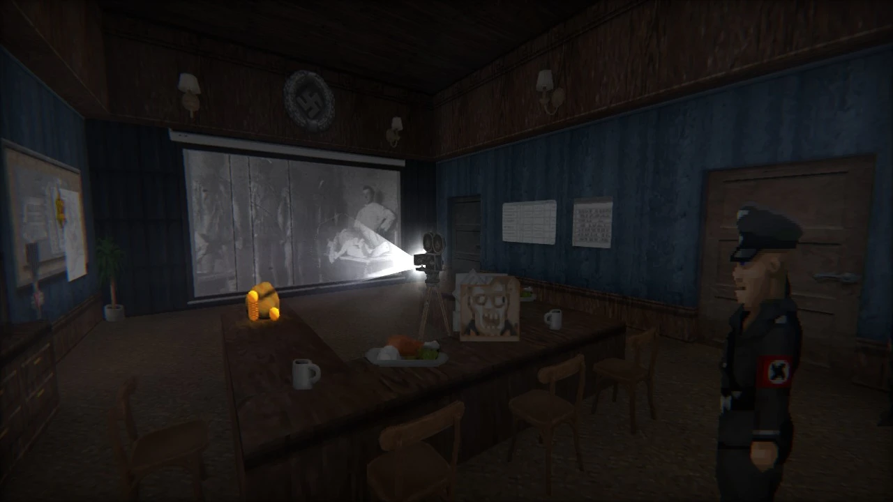 Interior de una habitación con un soldado nazi viendo una película en blanco y negro proyectada en pantalla en mod Wolfenstein