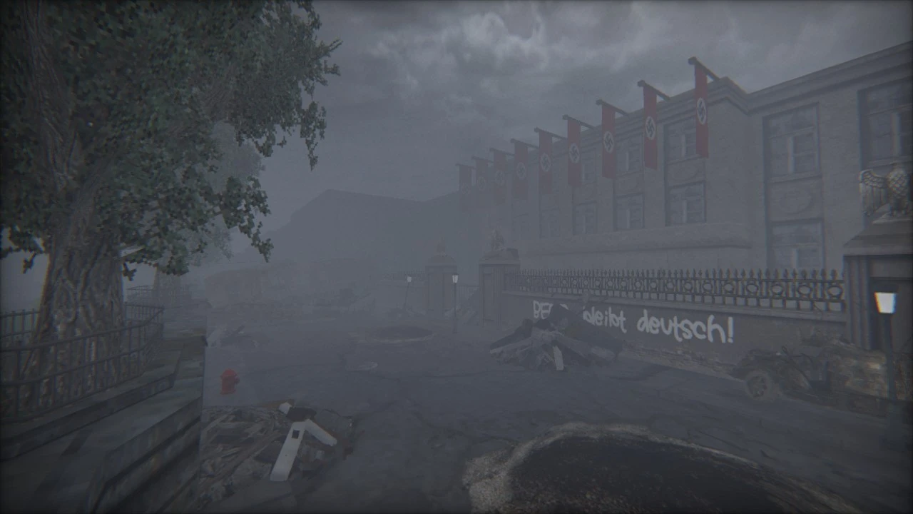 Escena neblinosa con calle, barricadas, pavimento dañado y banderas nazis en un edificio grande del mod Blade of Agony