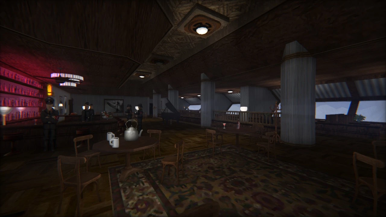 Bar con iluminación tenue, muebles de madera, un piano y personajes uniformados en el mod Blade of Agony