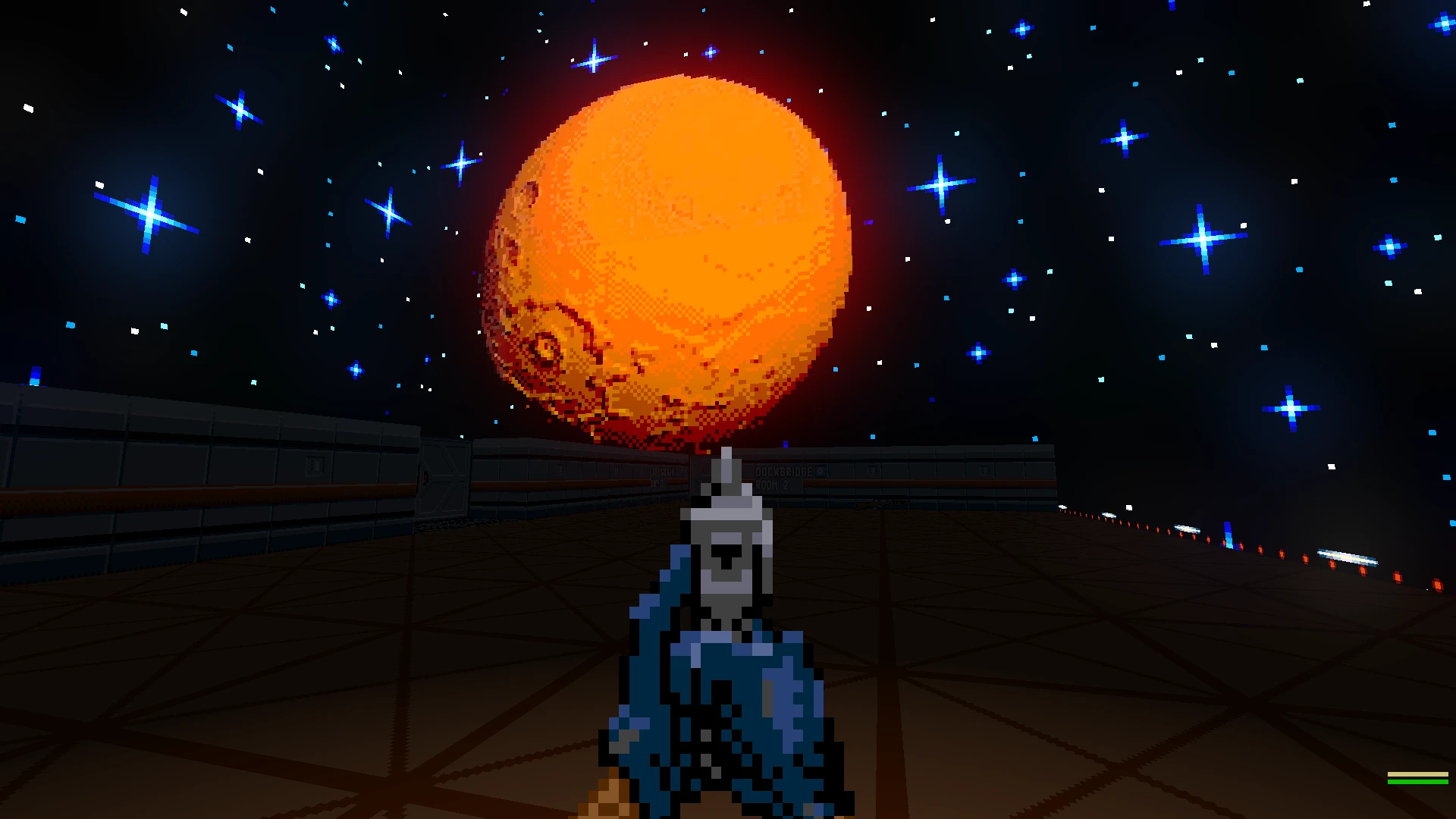 Scena z gry z moda Zero Tolerance do Doom II pokazująca broń gracza i dużą pomarańczową planetę na tle gwiazd
