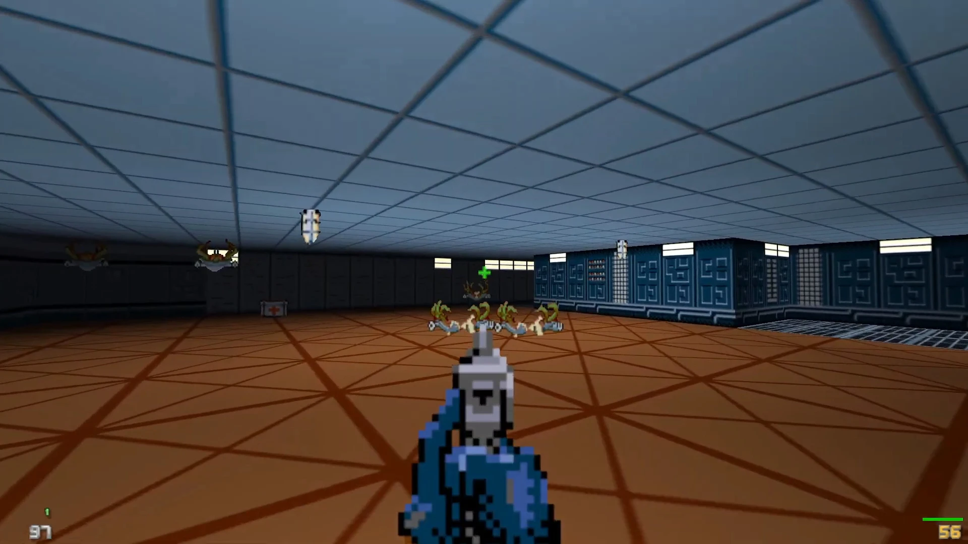 Widok z pierwszej osoby na pikselową broń celującą w zielone potwory w pokoju z kafelkami w modzie Zero Tolerance do Doom II
