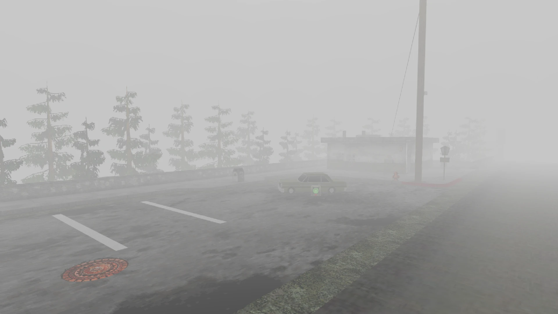 Туманна парковка з автомобілем і деревами на тлі з мапи Silent Hill для GZDoom