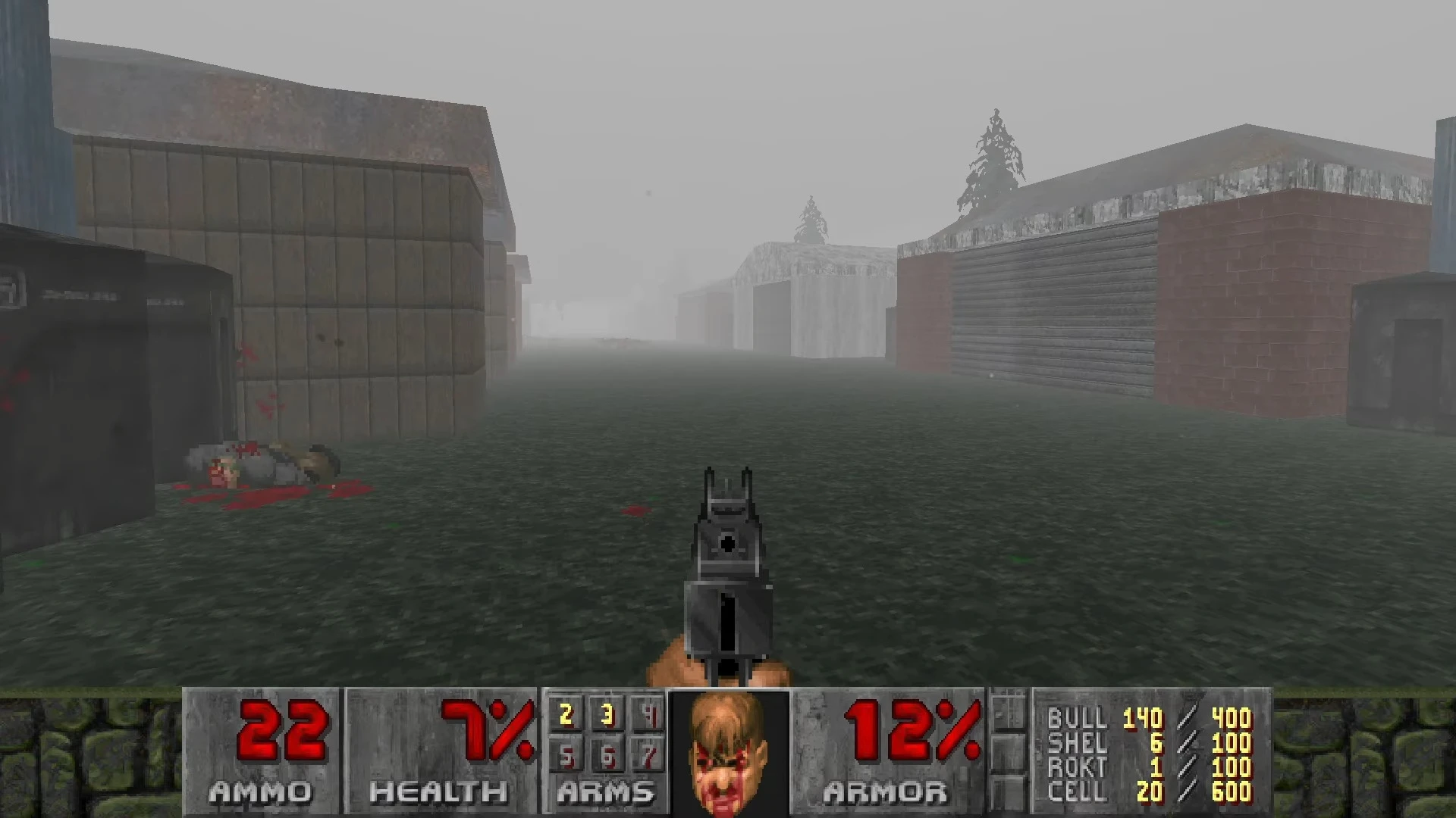 Ігровий вигляд туманної вулиці в моді Doom для GZDoom, натхненний Silent Hill