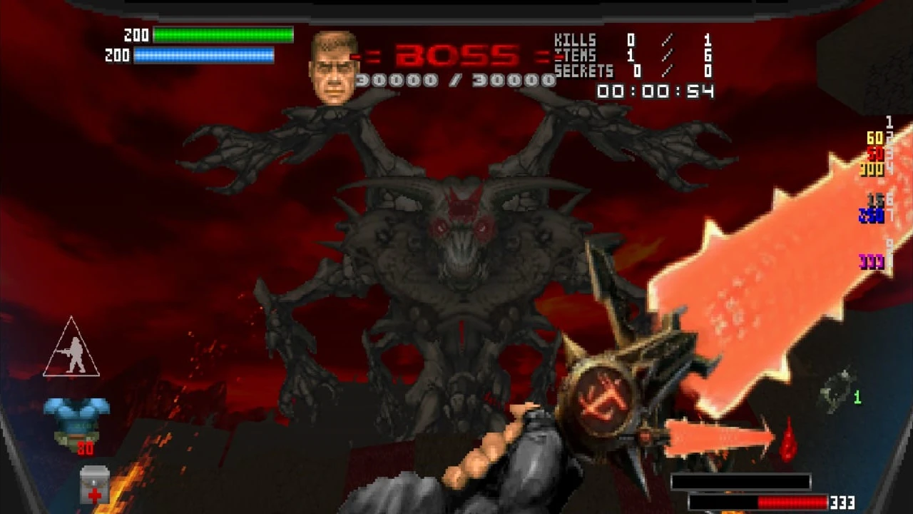 Player facing a large demonic boss in Doom 1993 with a fiery sword weapon in Brutal Doom Arthur's Edition Legacy mod