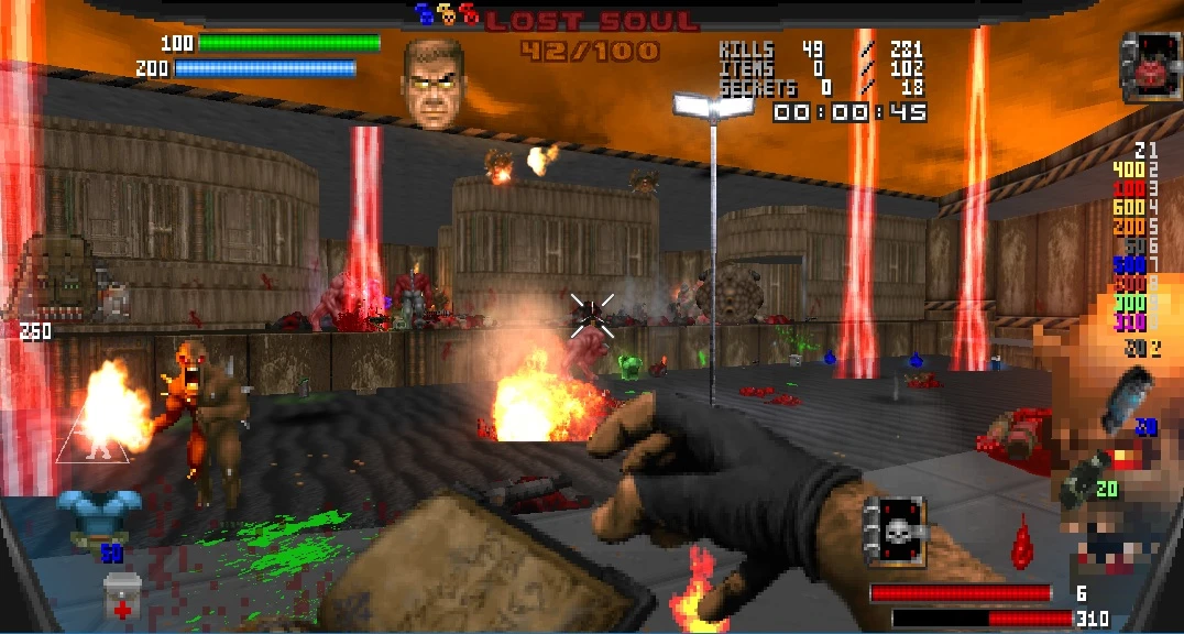 First-person view of Doom 1993 gameplay with multiple enemies, explosions, health and ammo indicators in Brutal Doom Arthur's Edition Legacy