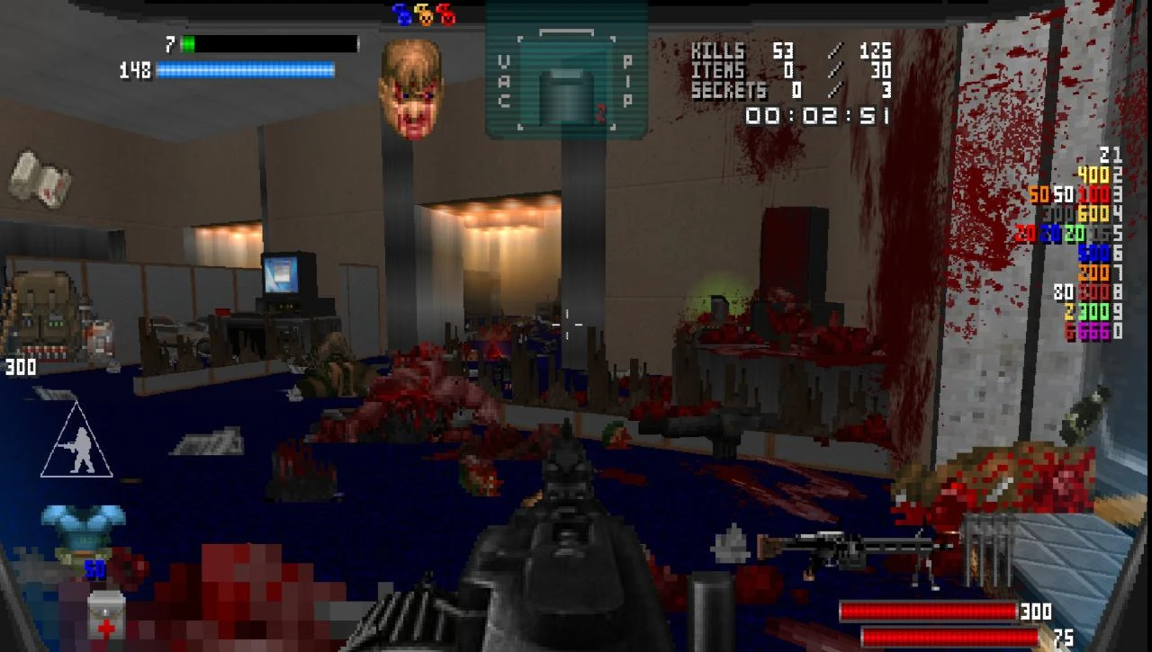 First-person view of brutal combat with heavy blood splatter and weapons in the Doom 1993 Brutal Doom Arthur's Edition Legacy mod