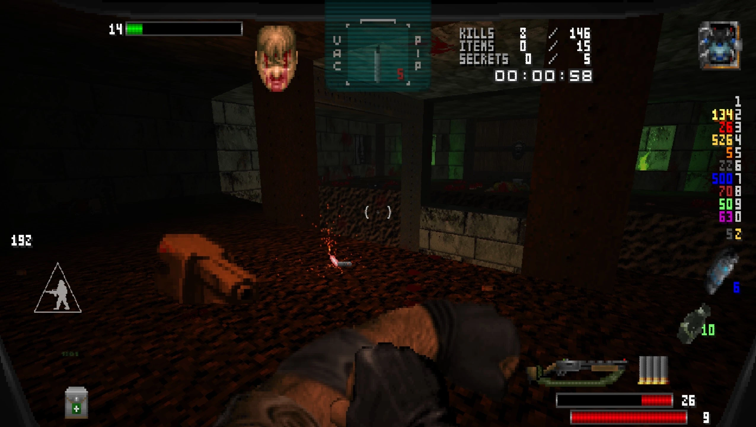 Screenshot showing first-person view of combat with health, ammo, and map UI elements in Brutal Doom mod