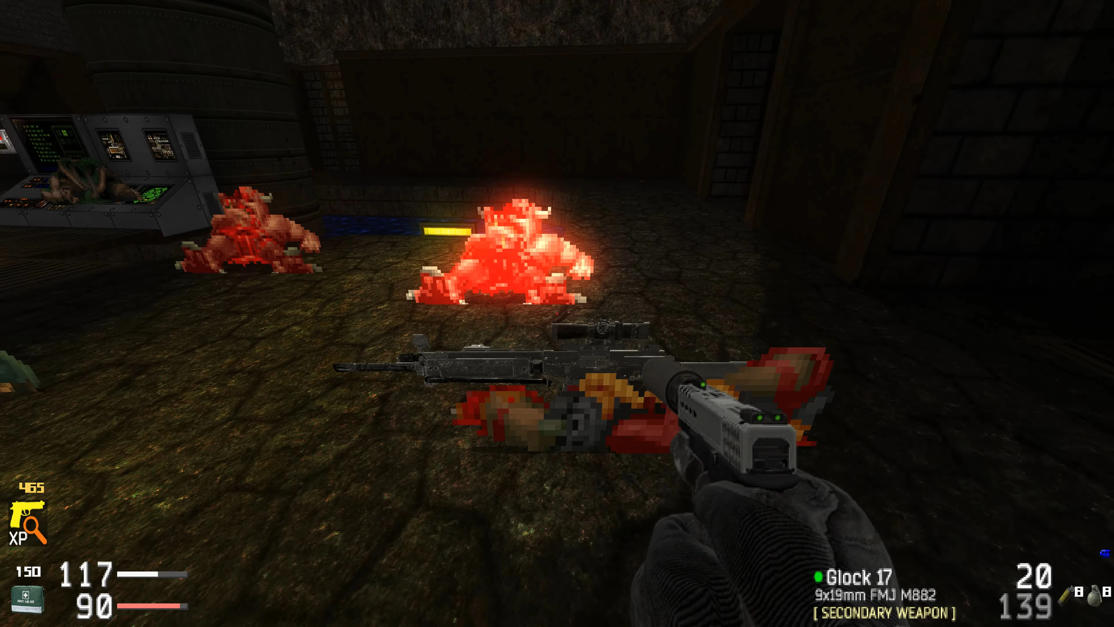 First-person shooter view showing pistol aiming at pixelated enemies and tactical rifle on the ground in Doom 1993 mod