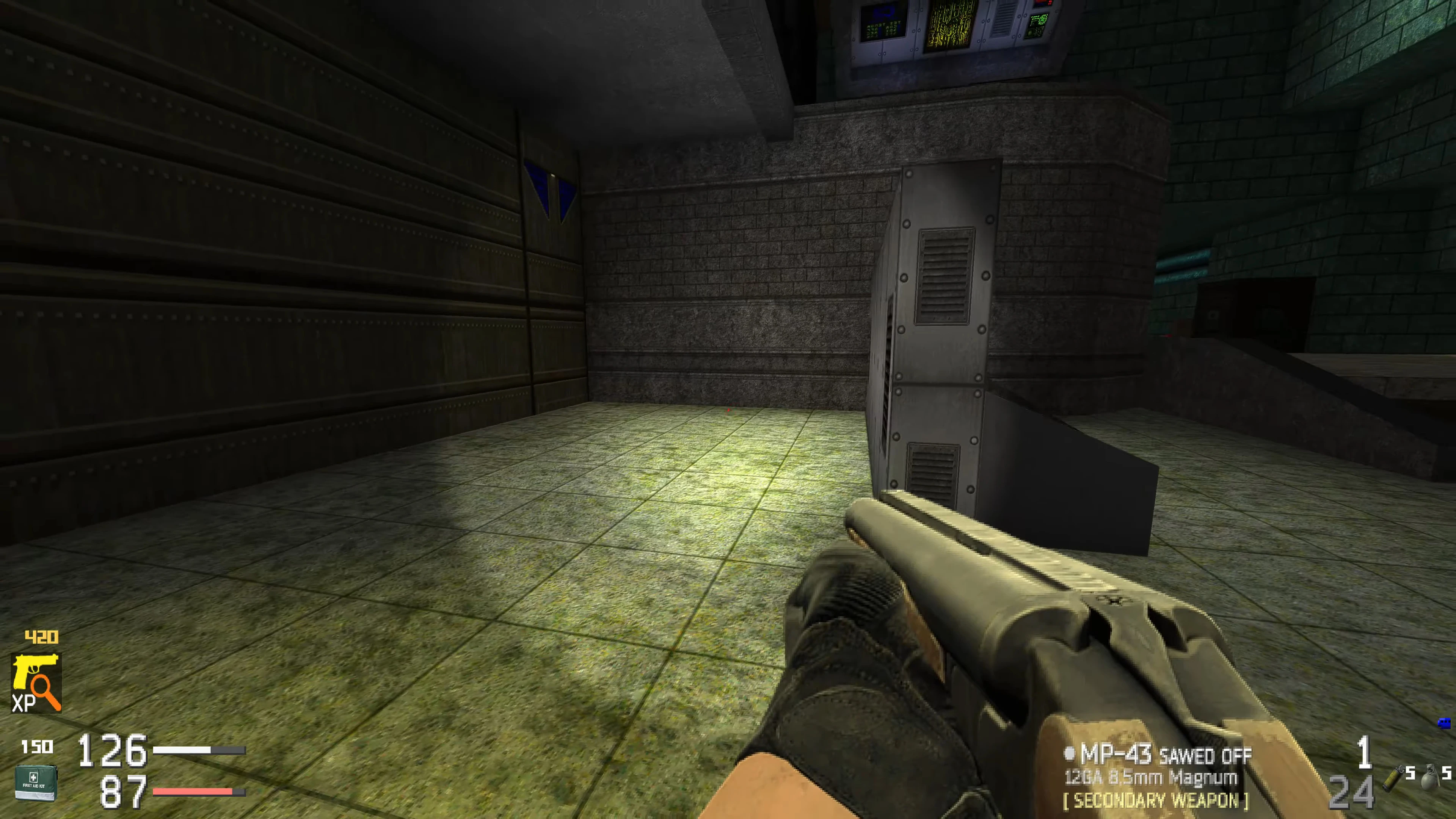 Player holding MP-43 sawed off shotgun inside a dimly lit industrial corridor in Call Of Doom Tarkov mod