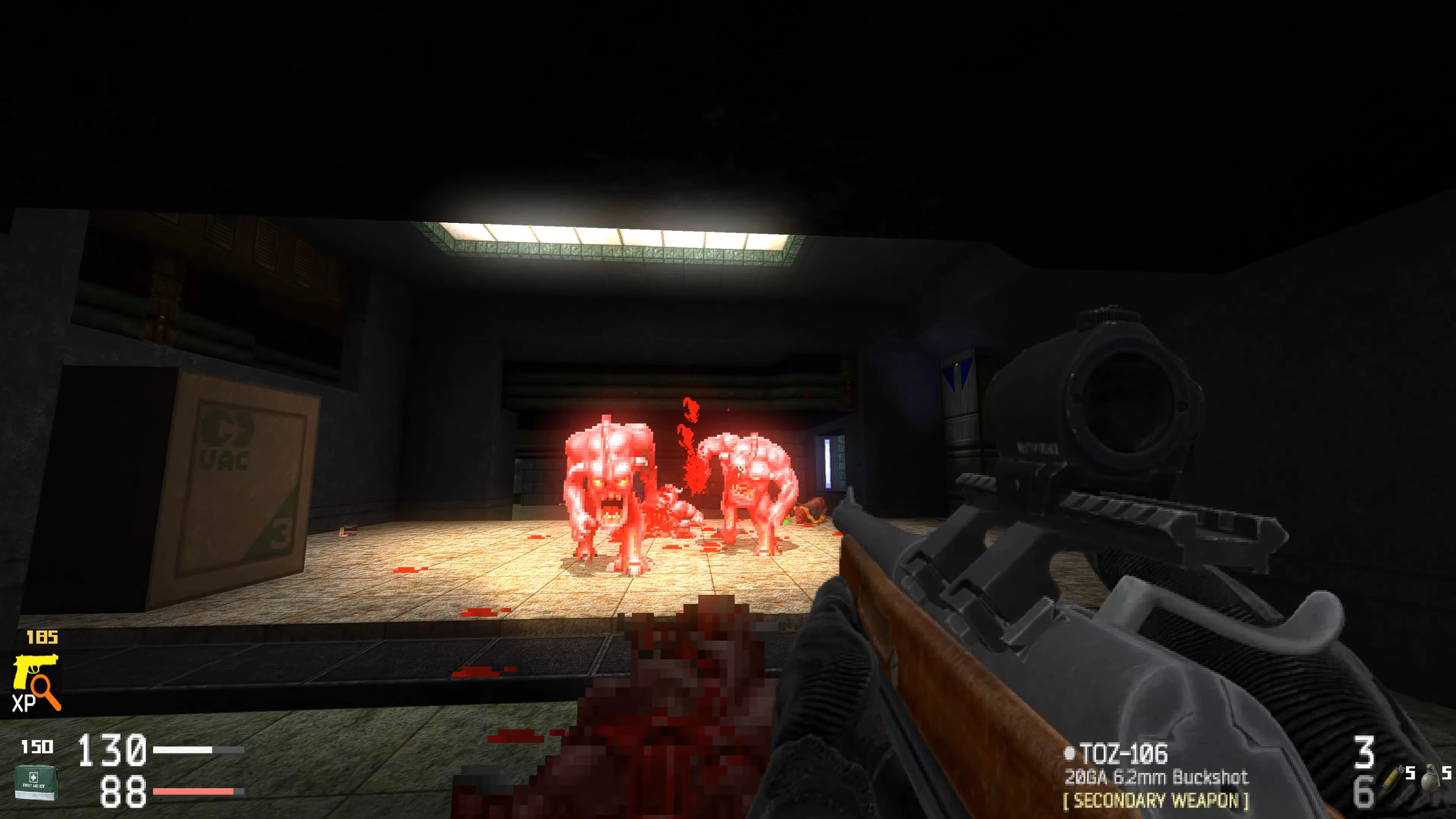 First-person view of player holding a TOZ-106 shotgun aiming at glowing red demons in a dark room in Doom 1993 mod Call Of Doom Tarkov