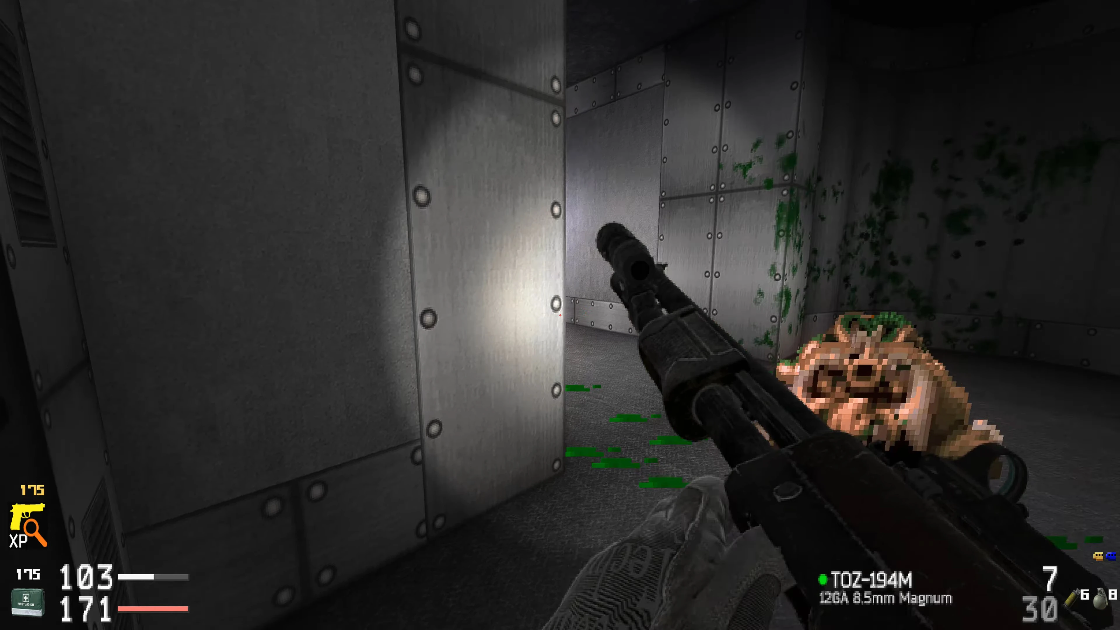 Player aiming a tactical shotgun inside a metal corridor with green blood splatters in Doom 1993 mod Call Of Doom Tarkov