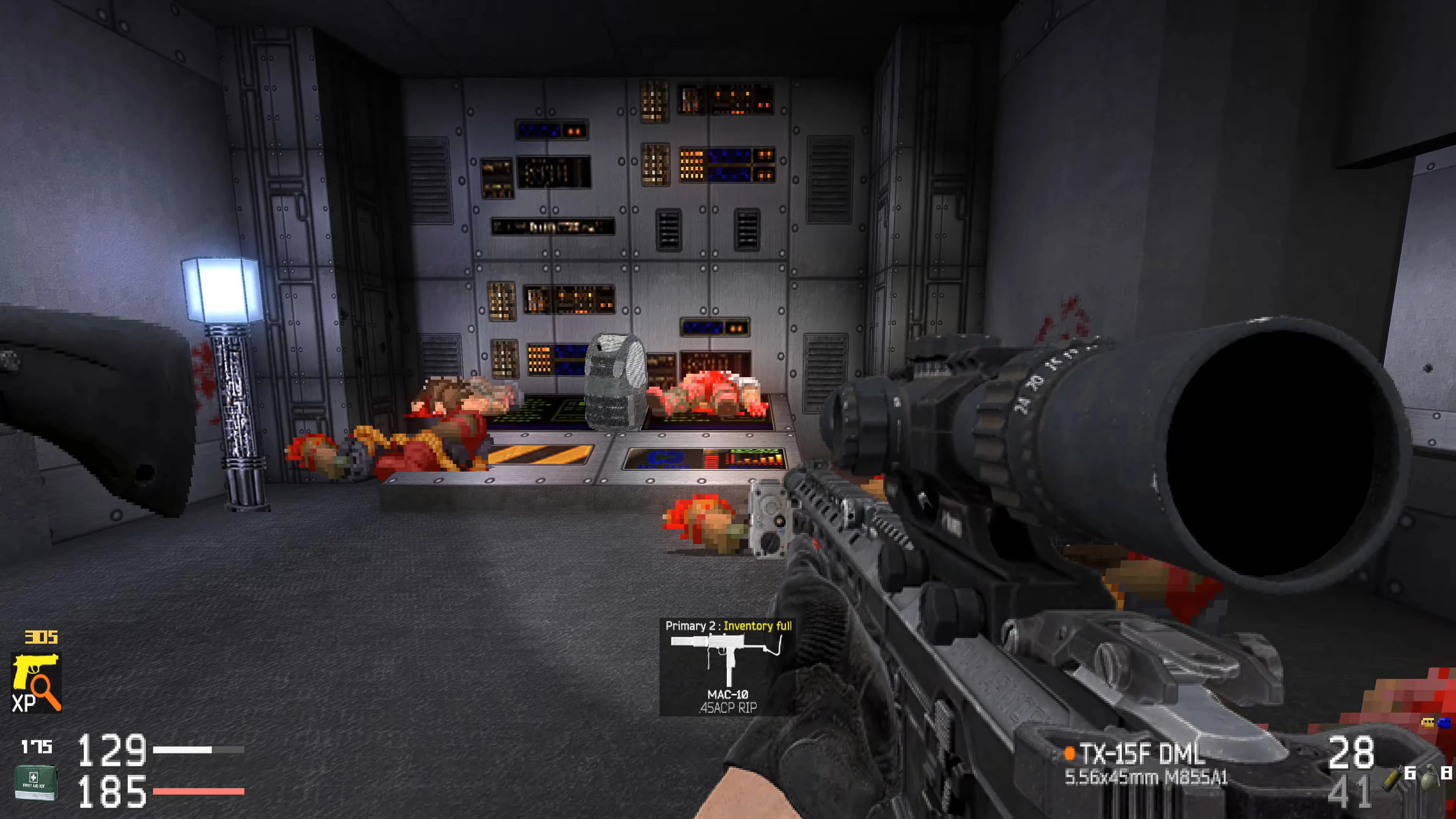 Player aiming a sniper rifle inside a sci-fi control room with pixelated dead enemies in Doom Call Of Doom Tarkov mod