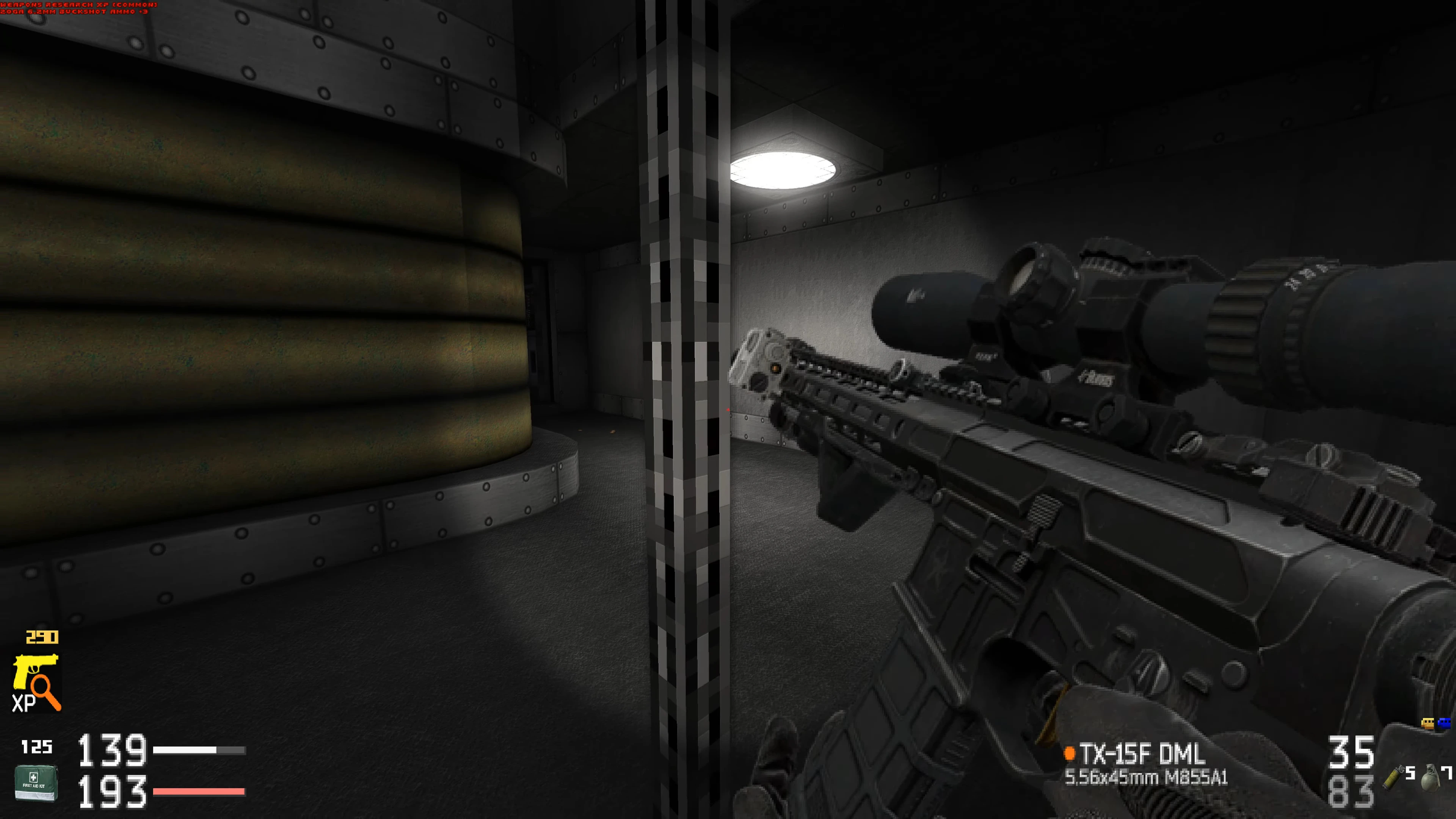 Player holding a scoped TX-15F DML rifle in a dimly lit metal corridor in the Doom Call Of Doom Tarkov mod