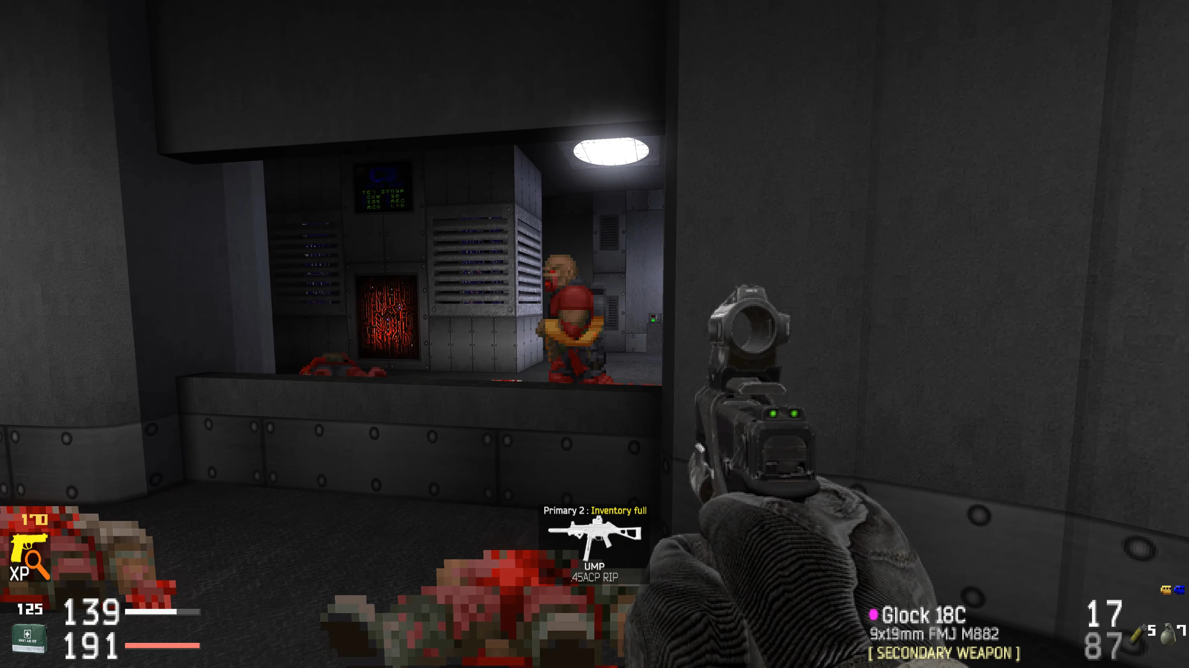 Doom mod Call Of Doom Tarkov shows player holding Glock 18C with pixelated enemies in dark industrial environment