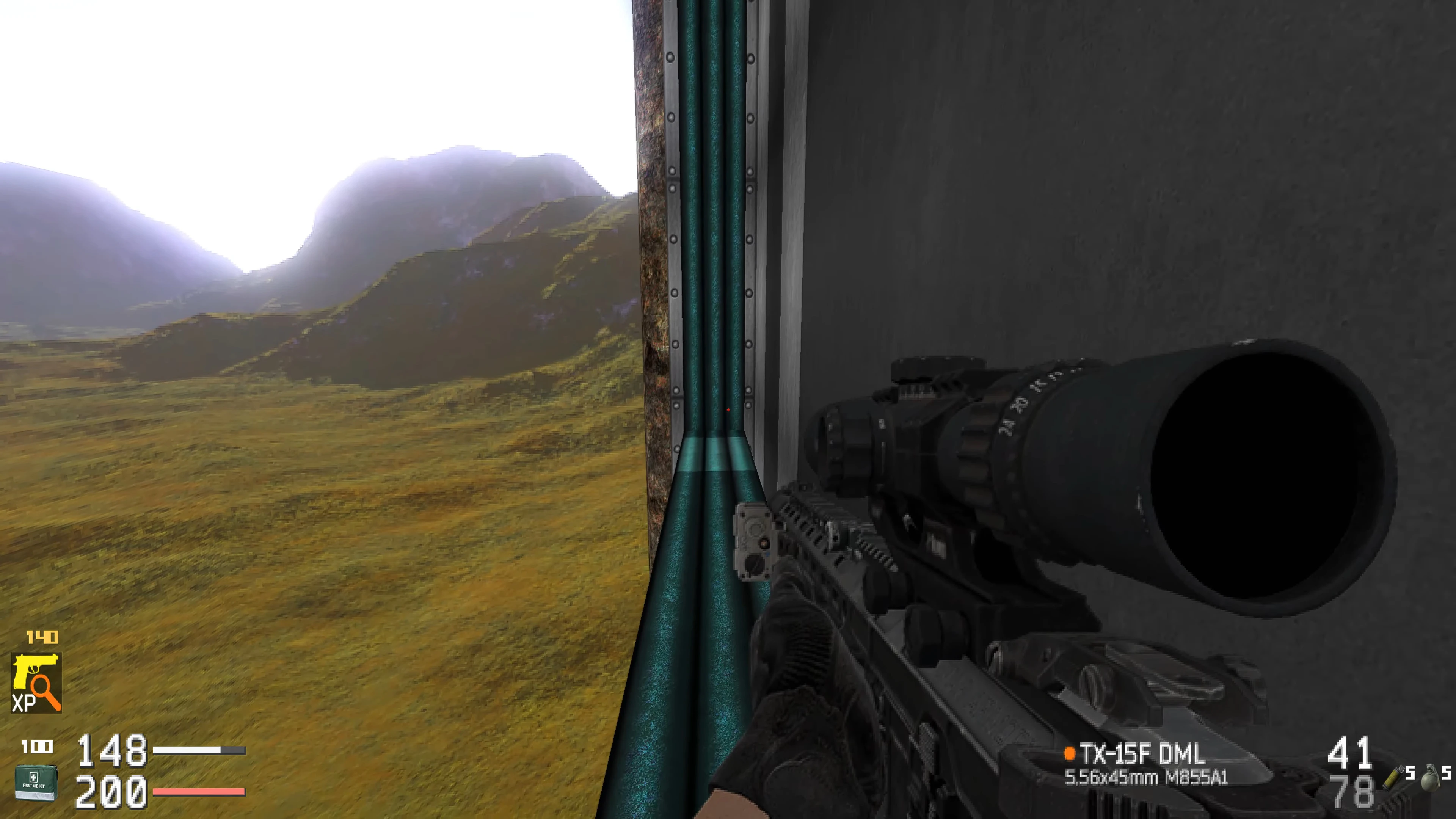 First-person view aiming with TX-15F DML sniper rifle at outdoor terrain with mountains in Doom 1993 mod Call Of Doom Tarkov