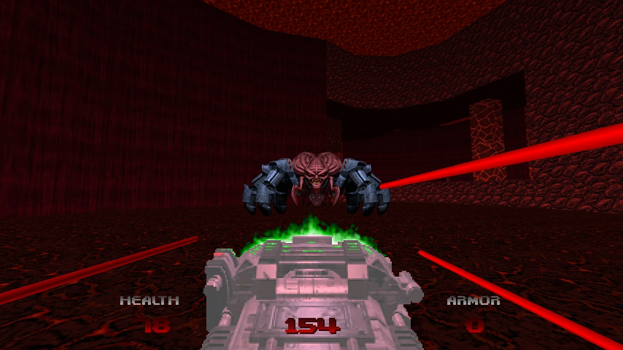 The player fires a glowing green BFG shot at a spider-like boss in a dark red arena — from the Doom 64: Unseen Evil mod