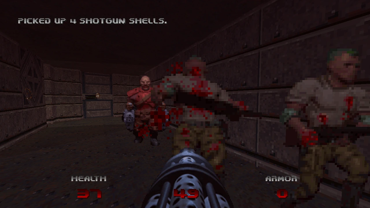 The player faces several enemies in a tight stone corridor, using a chaingun — from the Doom 64: Unseen Evil mod