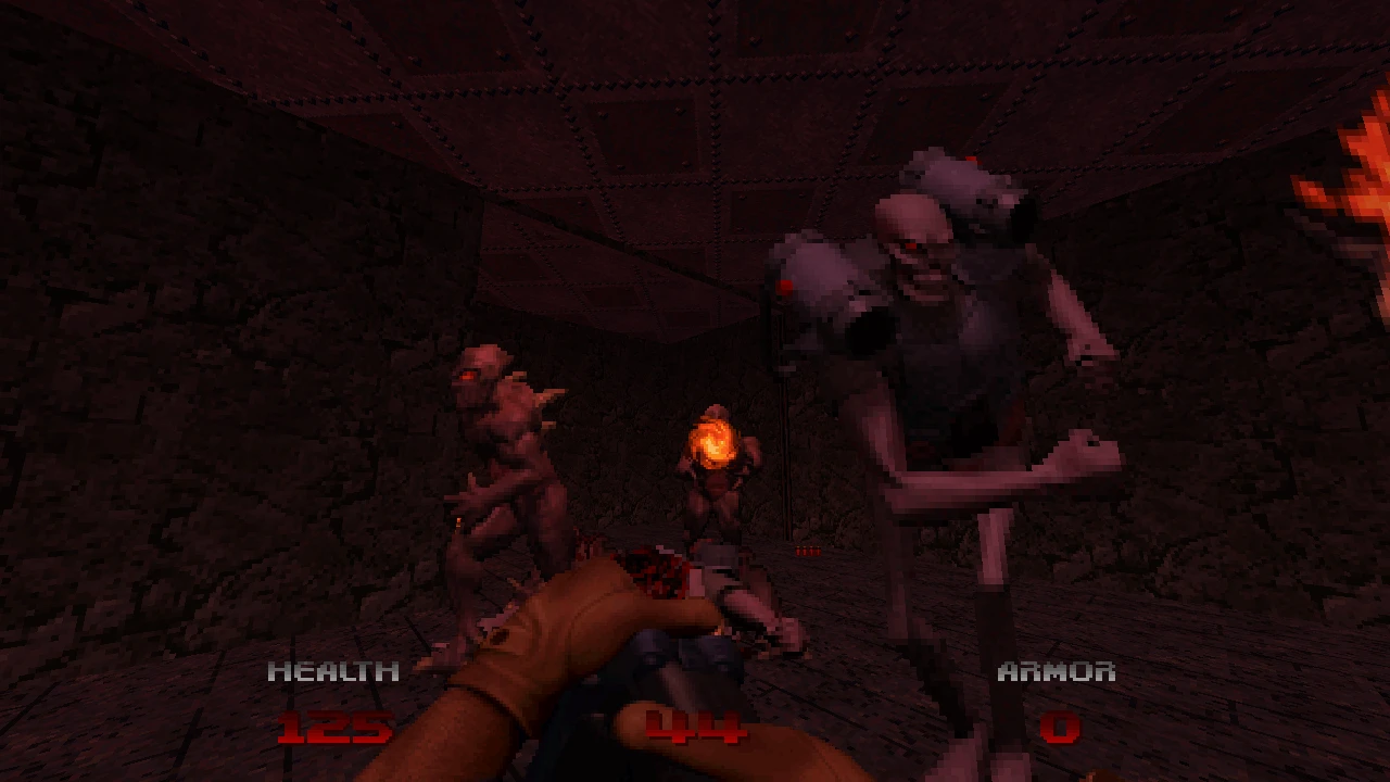 Player aims at skeletal and fireball-throwing demons in a rocky room — from the Doom 64: Unseen Evil mod