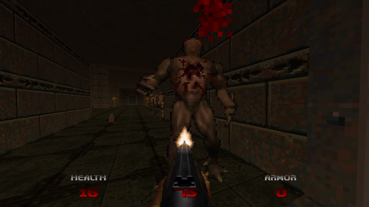 El jugador dispara una escopeta a un caballero infernal que avanza por un pasillo oscuro – del mod Doom 64: Unseen Evil para Doom