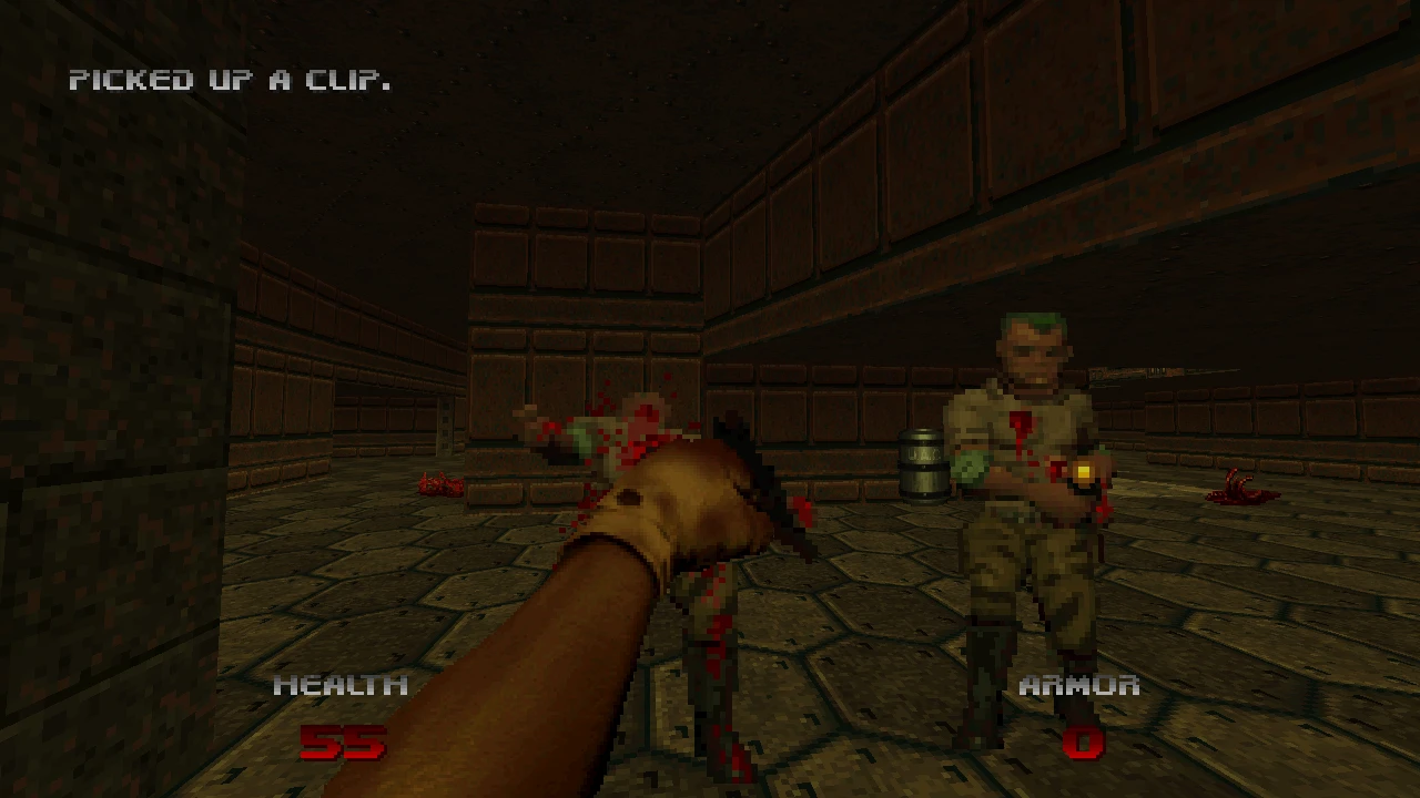 El jugador golpea a zombis en un pasillo de piedra – del mod Doom 64: Unseen Evil para Doom