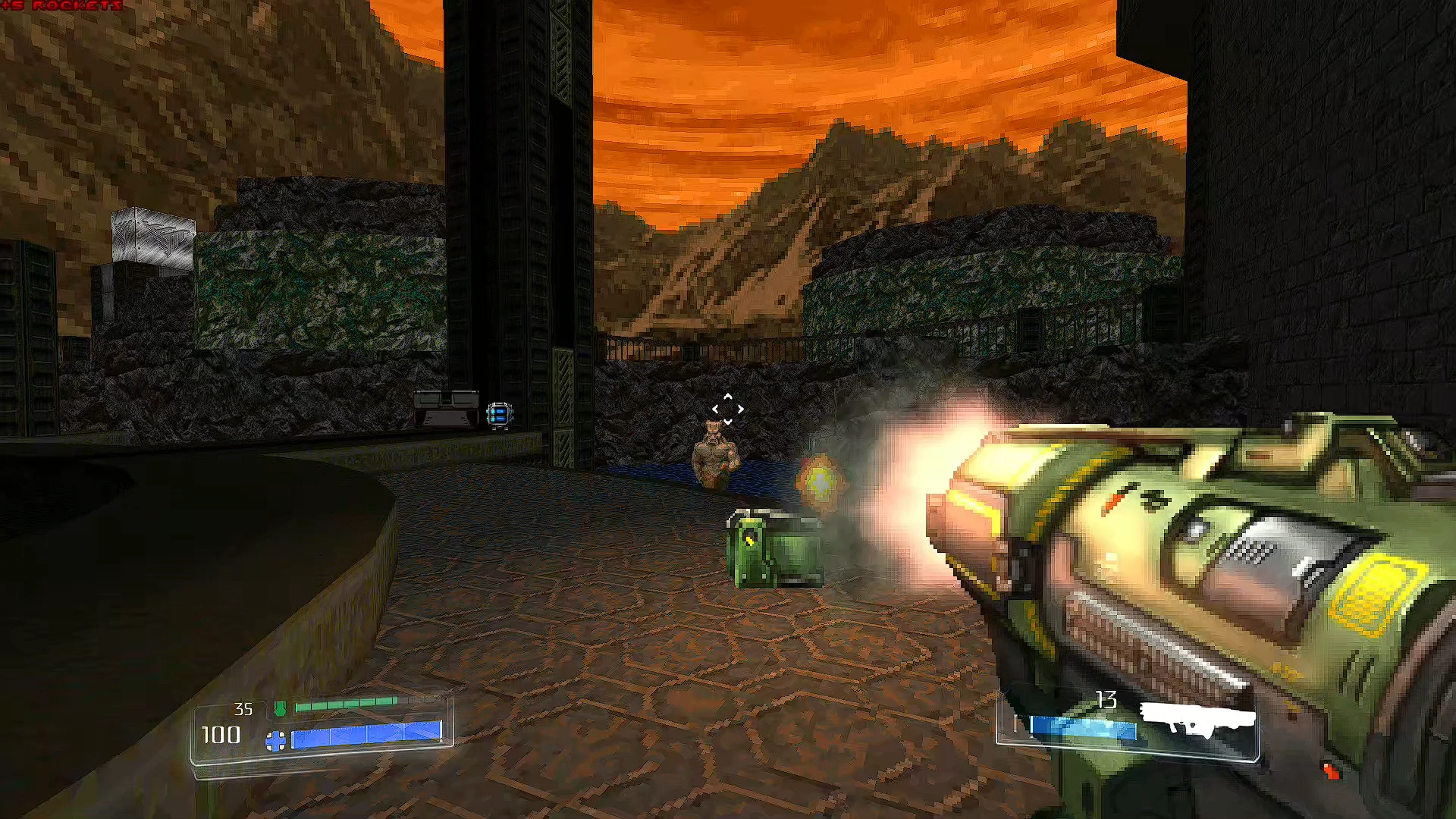 First-person view of a rocket launcher firing at an enemy in a rocky outdoor map with orange sky in Doom 1993 mod Embers Of Armageddon