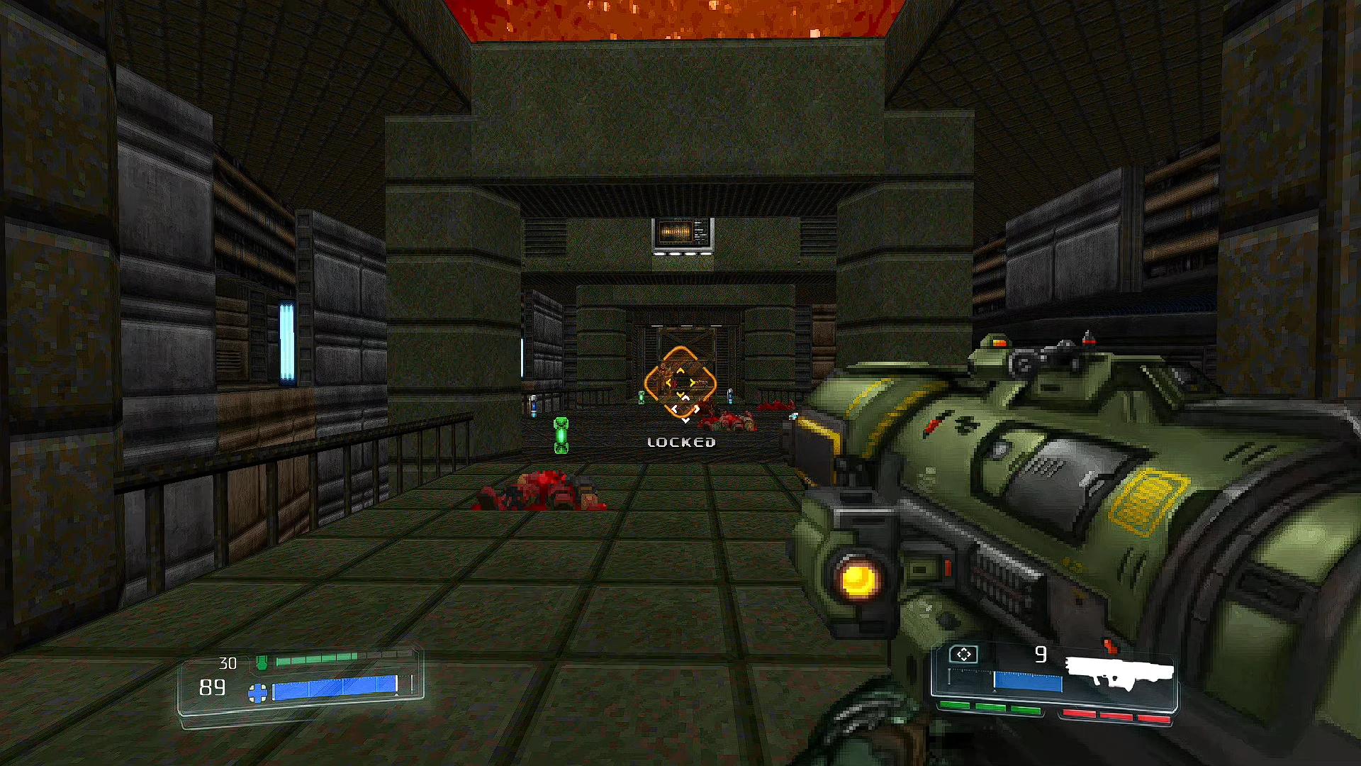 First-person view holding a futuristic gun in a dark industrial corridor in Doom 1993 Embers Of Armageddon mod
